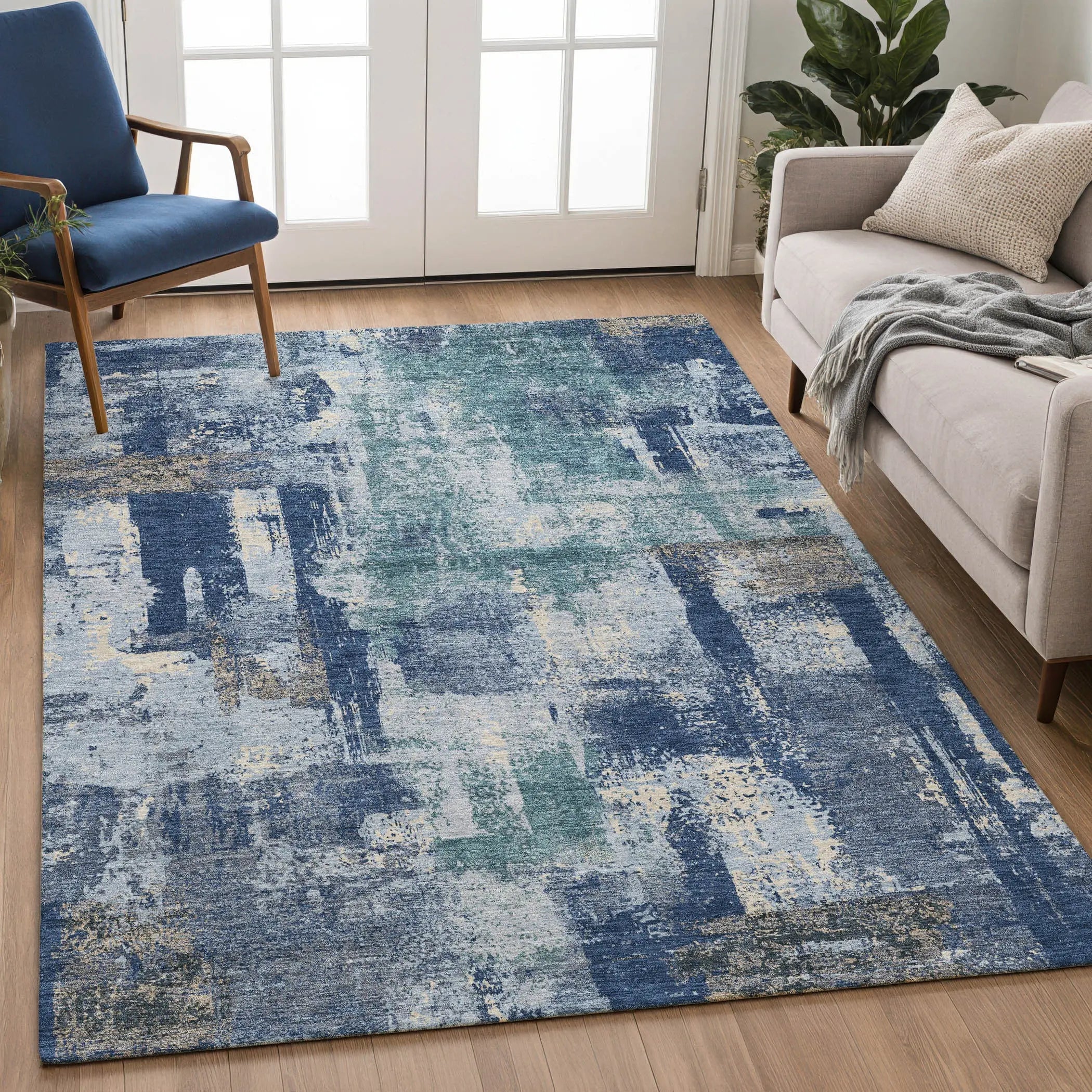 3' X 5' Navy Blue And Ivory Abstract Washable Indoor Outdoor Area Rug Homeroots Outdoor