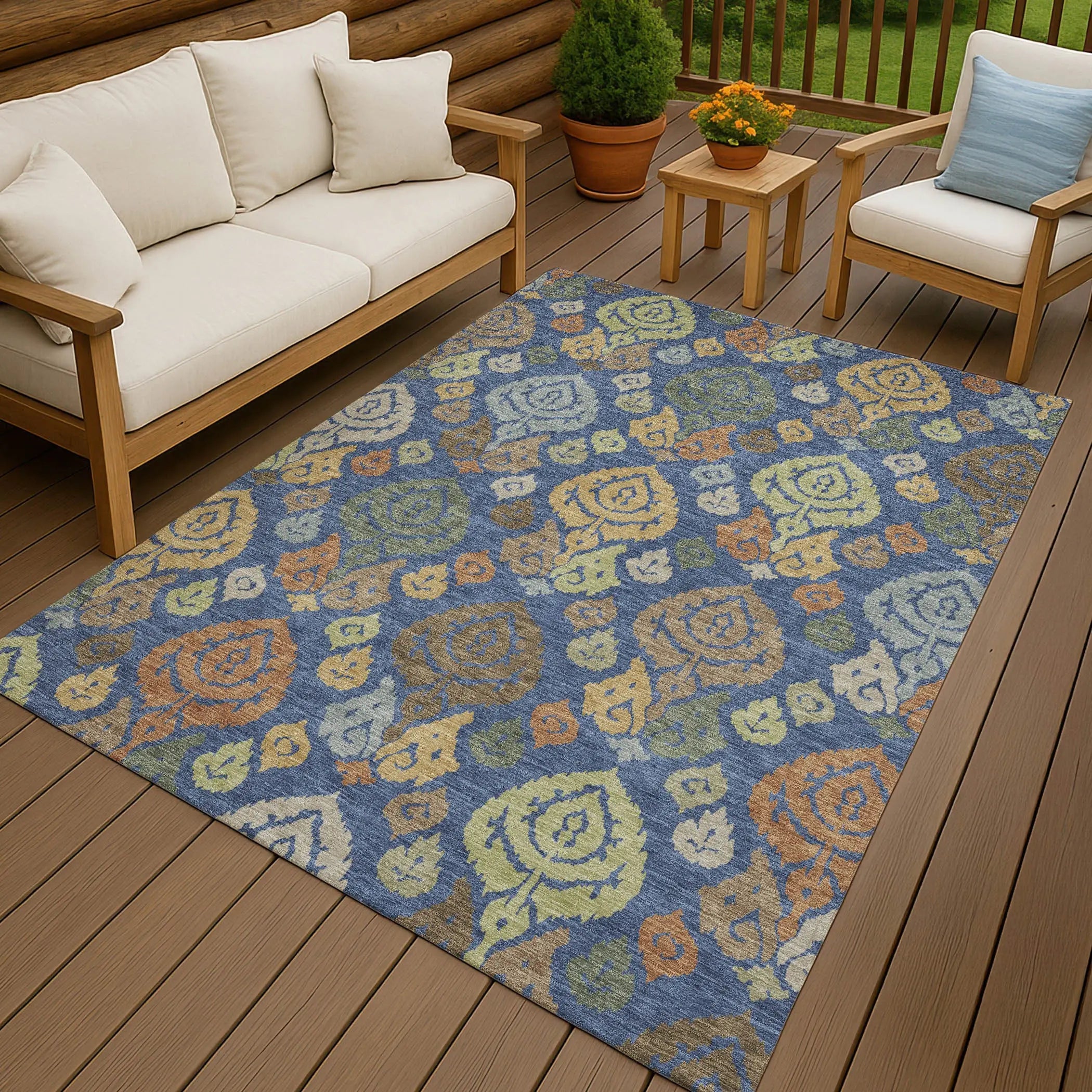 3' X 5' Navy Blue And Ivory Damask Washable Indoor Outdoor Area Rug Homeroots Outdoor