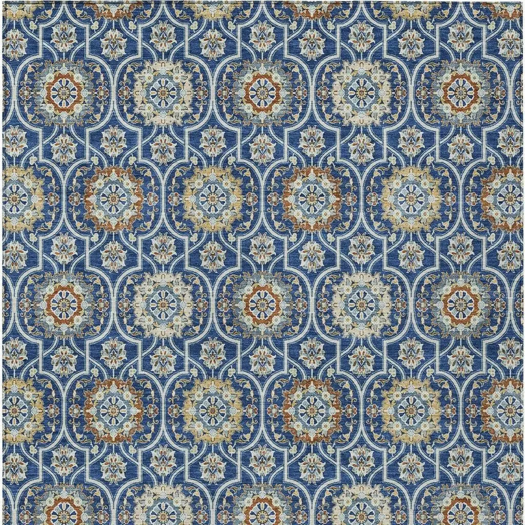 3' X 5' Navy Blue And Ivory Floral Medallion Washable Indoor Outdoor Area Rug Homeroots Outdoor