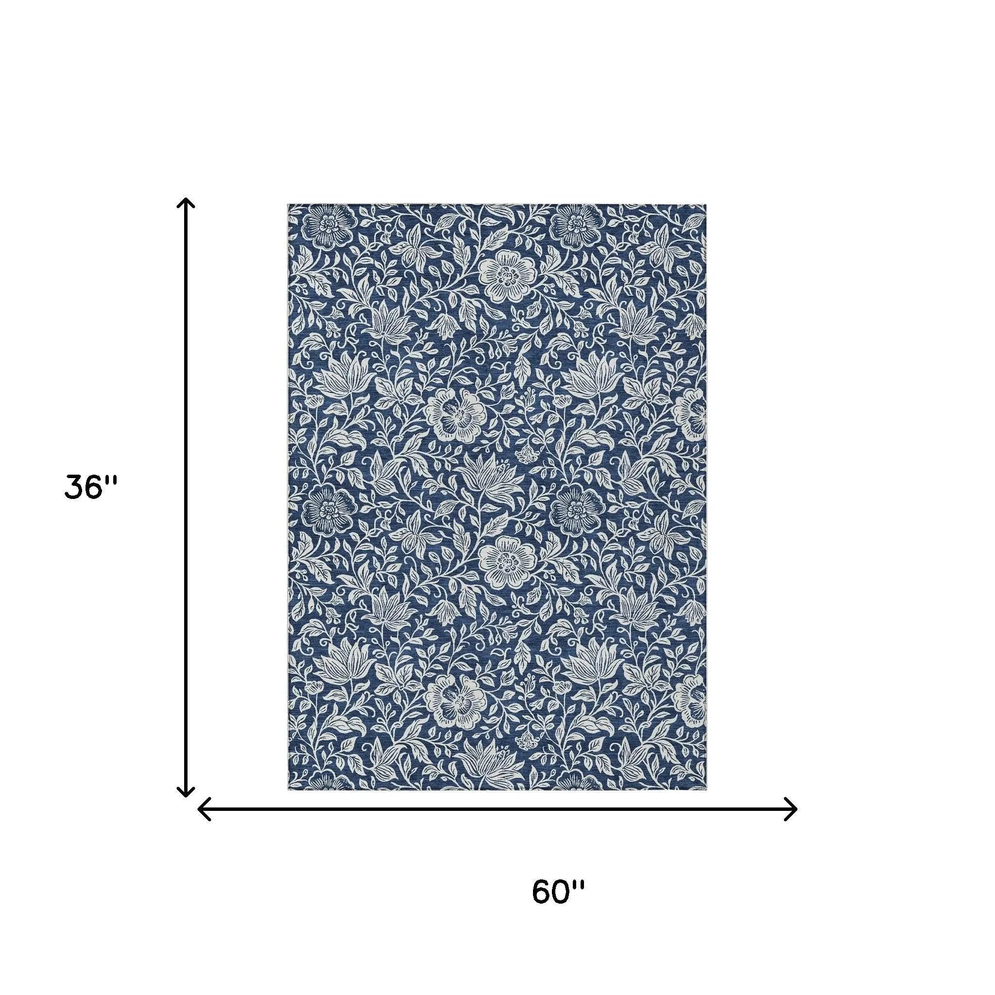 3' X 5' Navy Blue And Ivory Floral Washable Indoor Outdoor Area Rug Homeroots Outdoor