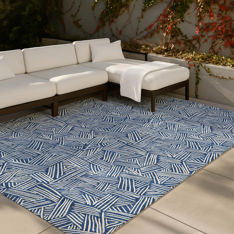 3' X 5' Navy Blue And Ivory Geometric Washable Indoor Outdoor Area Rug Homeroots Outdoor
