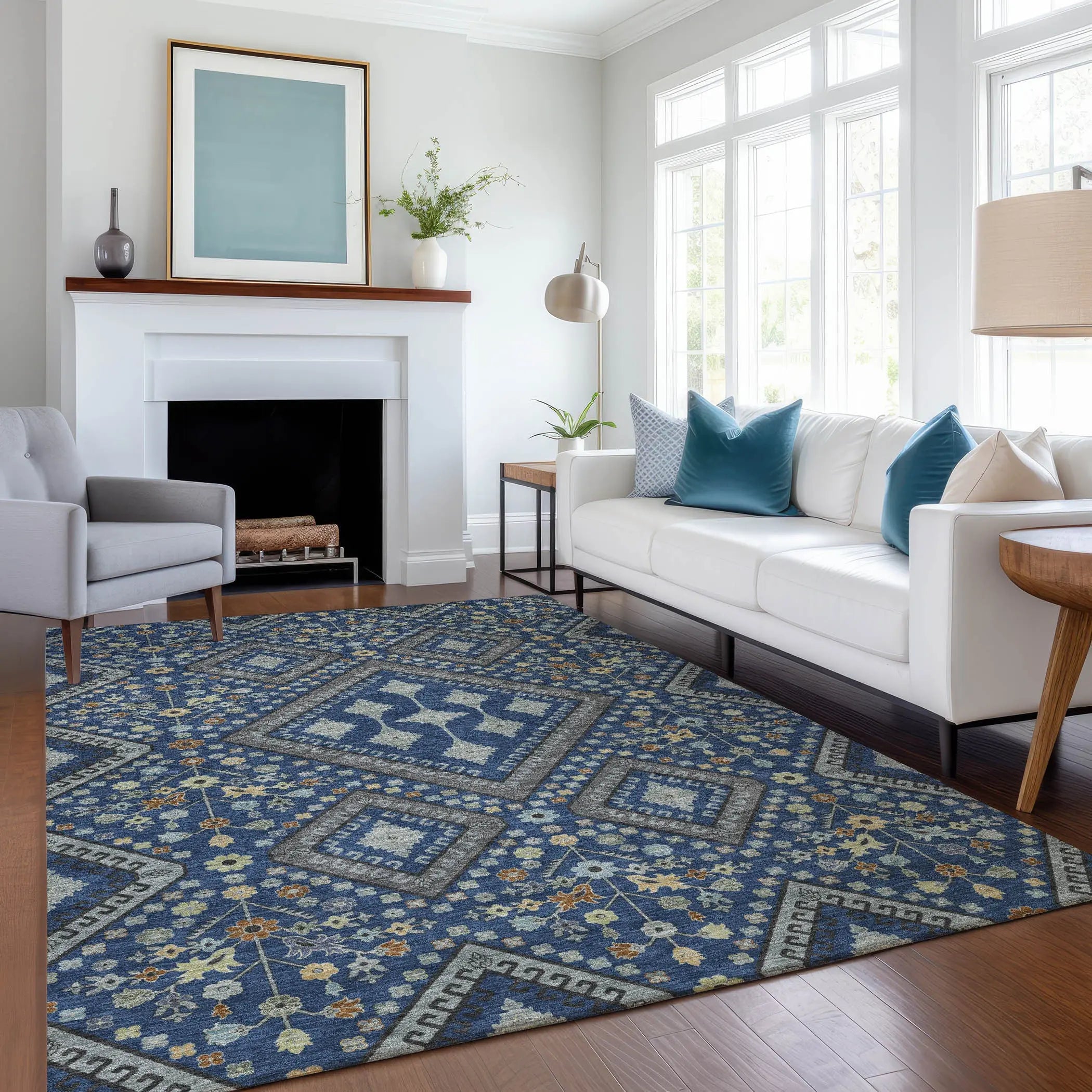 3' X 5' Navy Blue And Ivory Medallion Washable Indoor Outdoor Area Rug Homeroots Outdoor