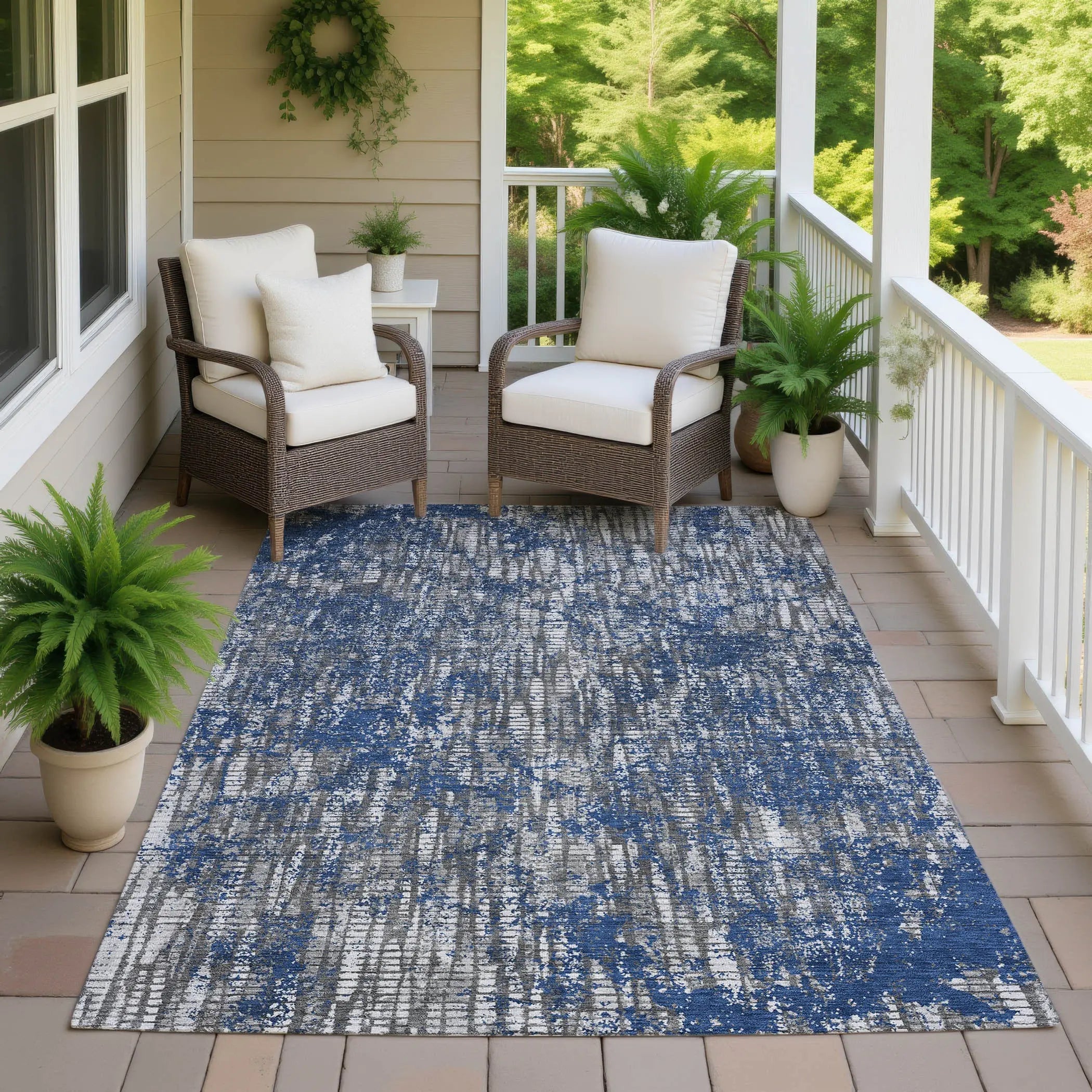3' X 5' Navy Blue And Khaki Abstract Washable Indoor Outdoor Area Rug Homeroots Outdoor