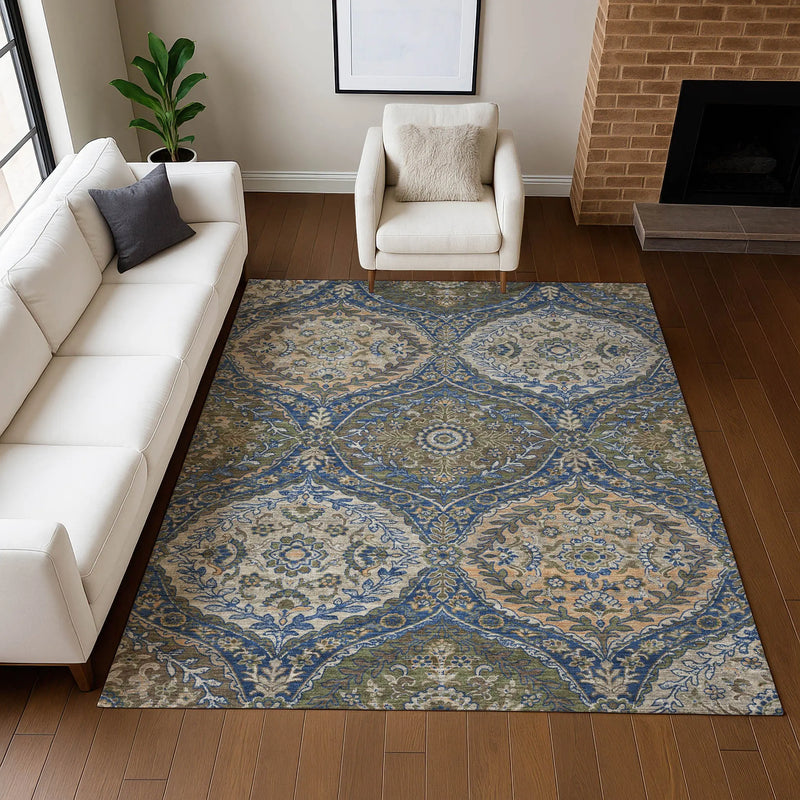 3' X 5' Navy Blue And Linen Ogee Washable Indoor Outdoor Area Rug Homeroots Outdoor