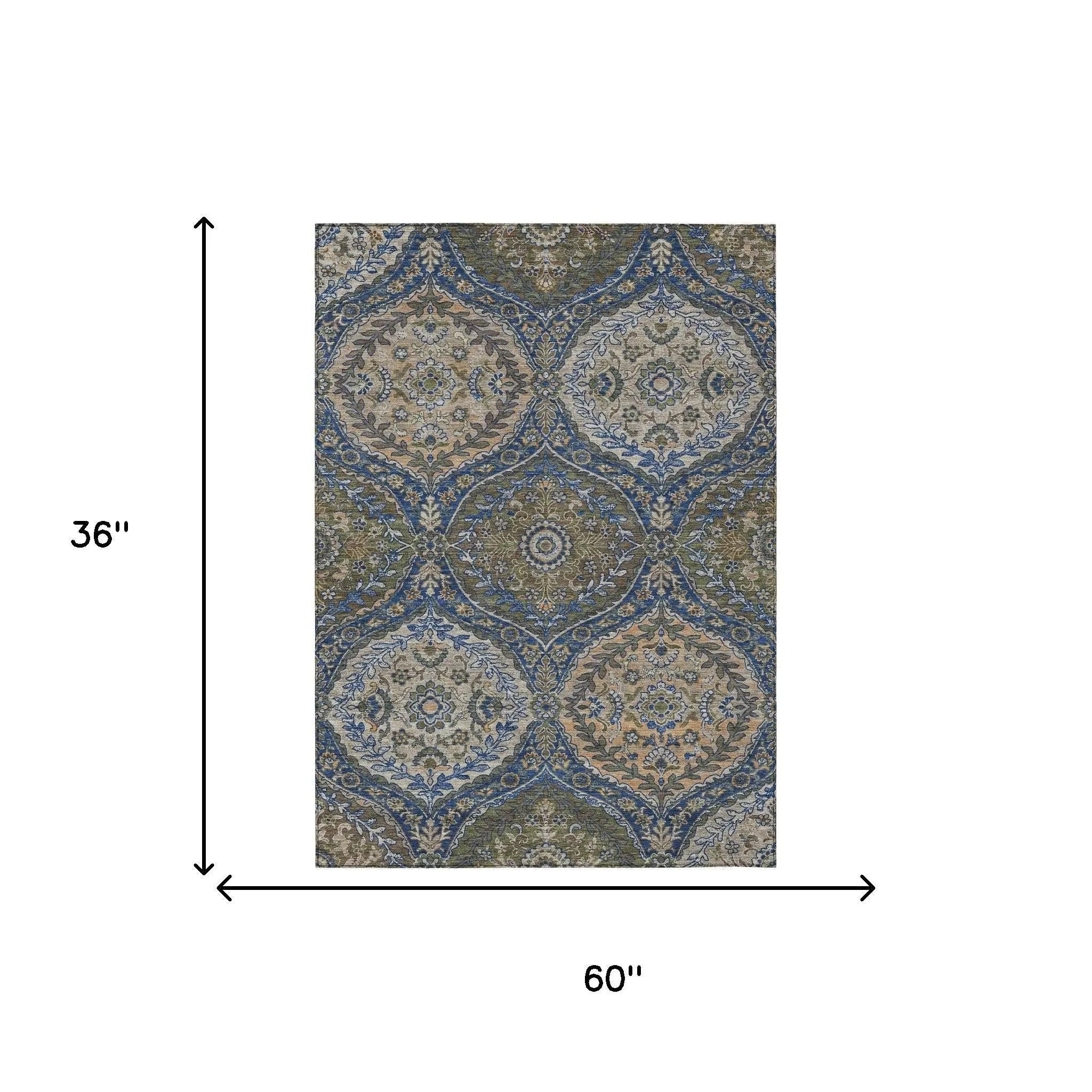 3' X 5' Navy Blue And Linen Ogee Washable Indoor Outdoor Area Rug Homeroots Outdoor