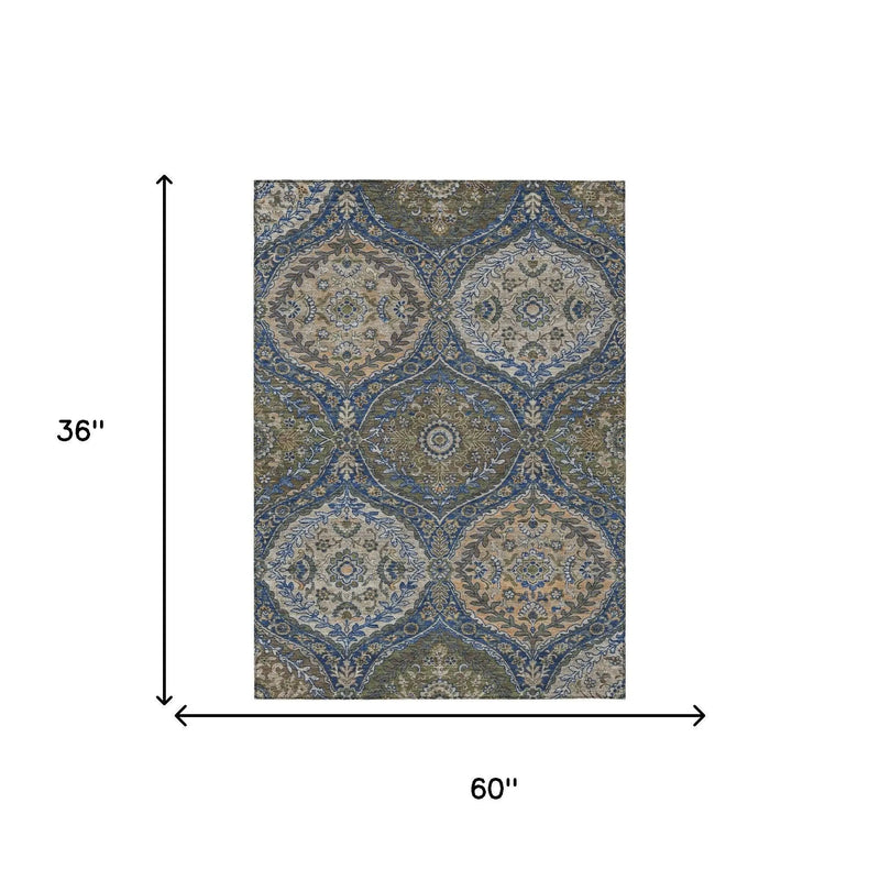 3' X 5' Navy Blue And Linen Ogee Washable Indoor Outdoor Area Rug Homeroots Outdoor
