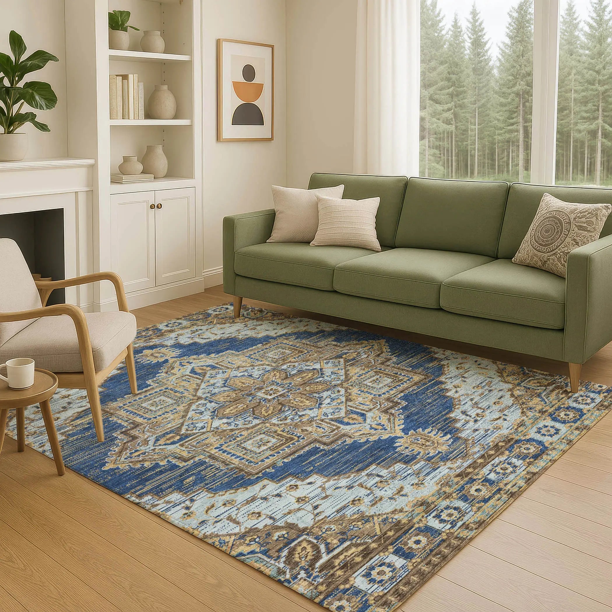 3' X 5' Navy Blue And Linen Oriental Washable Indoor Outdoor Area Rug Homeroots Outdoor