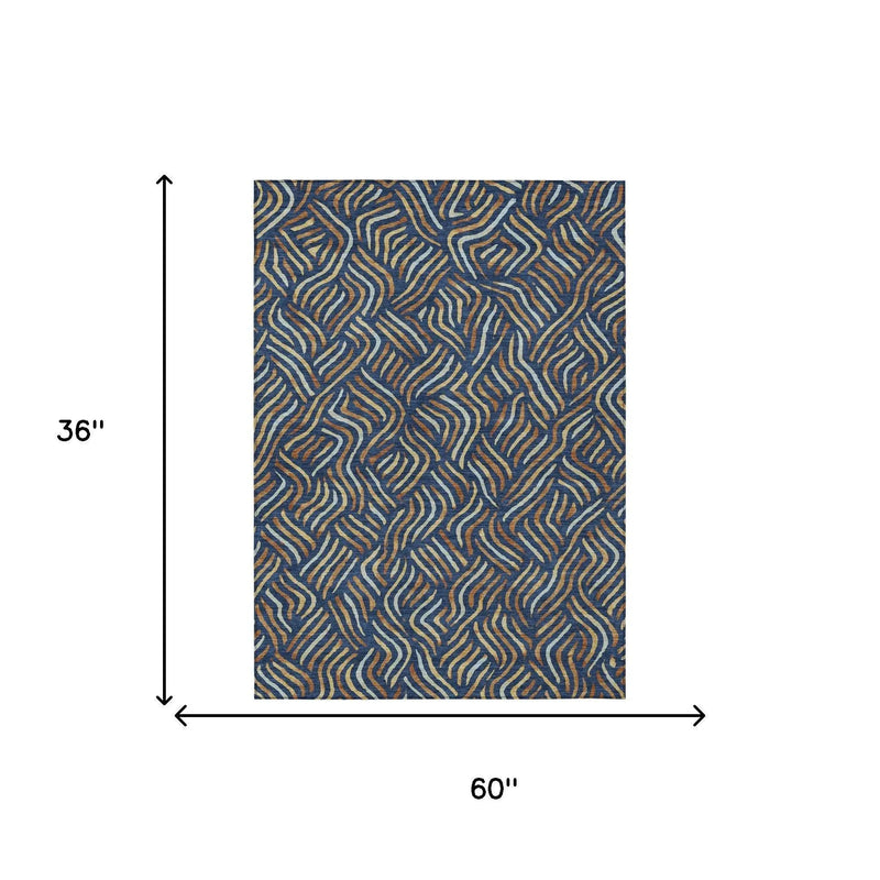 3' X 5' Navy Blue And Orange Abstract Washable Indoor Outdoor Area Rug Homeroots Outdoor