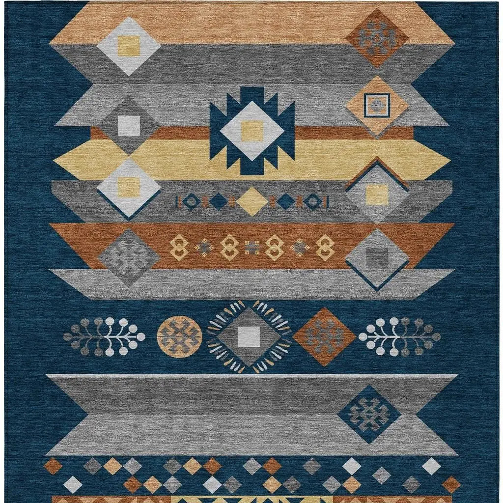 3' X 5' Navy Blue And Orange Geometric Washable Indoor Outdoor Area Rug Homeroots Outdoor