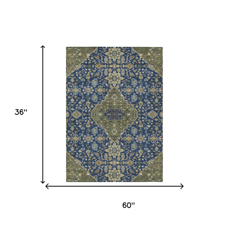 3' X 5' Navy Blue And Pewter Medallion Washable Indoor Outdoor Area Rug Homeroots Outdoor