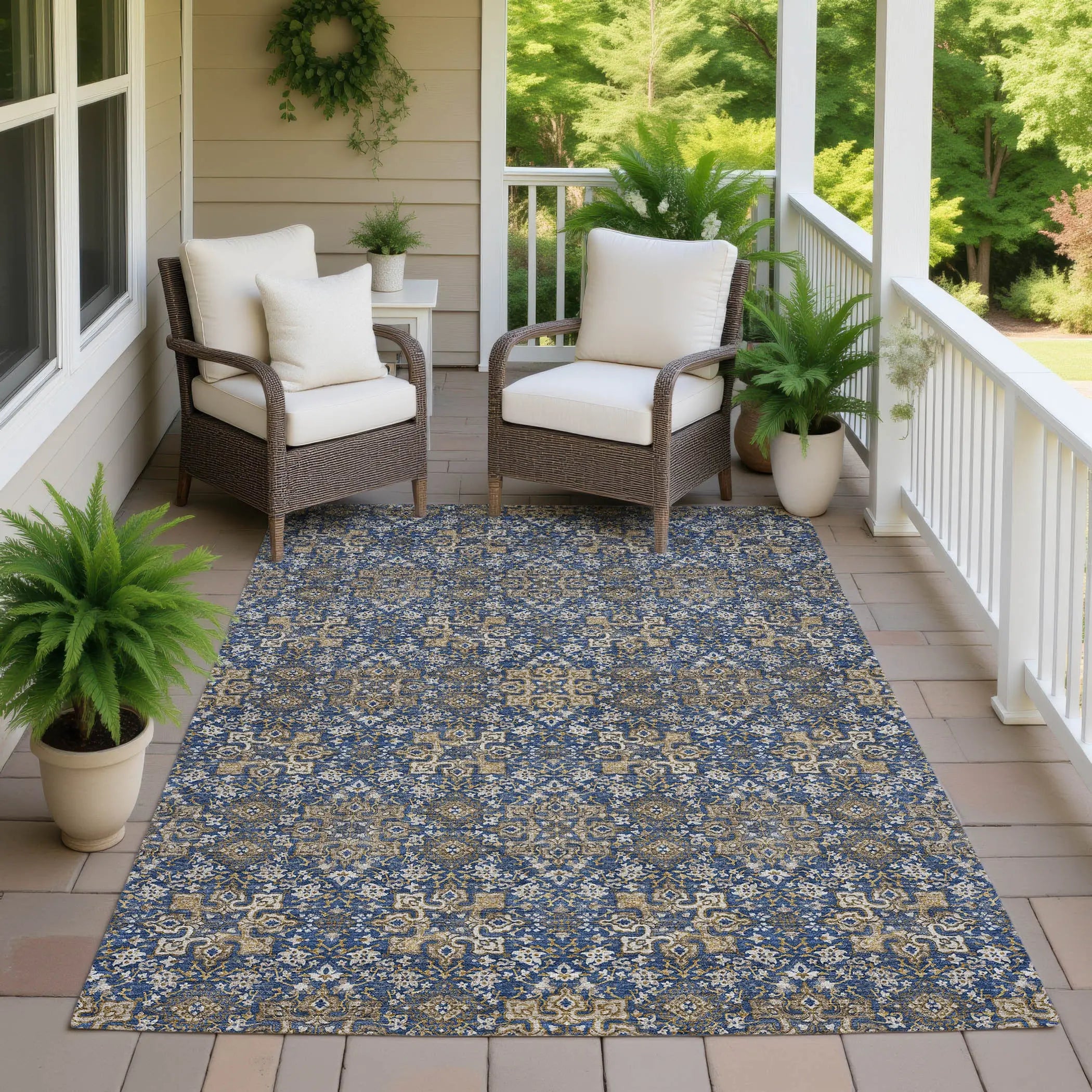 3' X 5' Navy Blue And Silver Oriental Washable Indoor Outdoor Area Rug Homeroots Outdoor
