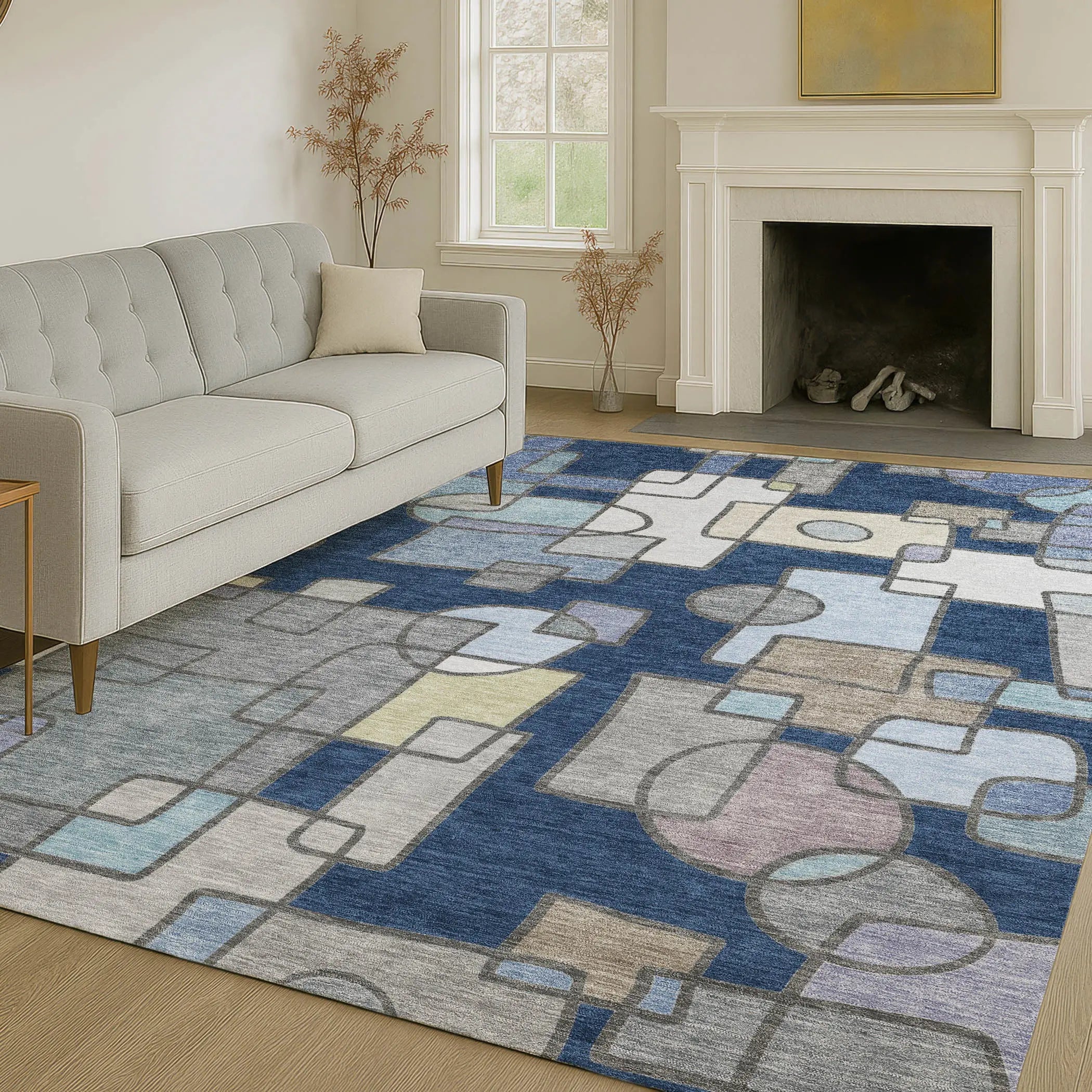 3' X 5' Navy Blue And Sky Blue Geometric Washable Indoor Outdoor Area Rug Homeroots Outdoor