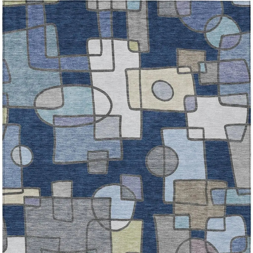 3' X 5' Navy Blue And Sky Blue Geometric Washable Indoor Outdoor Area Rug Homeroots Outdoor