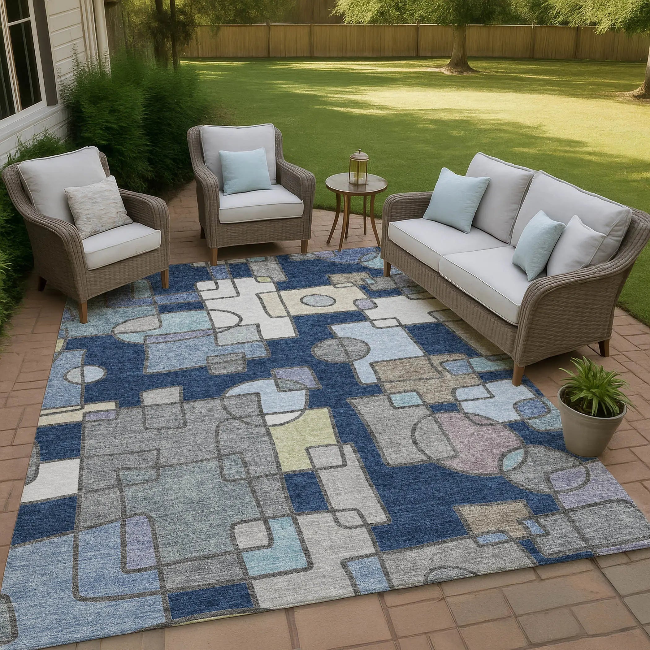 3' X 5' Navy Blue And Sky Blue Geometric Washable Indoor Outdoor Area Rug Homeroots Outdoor