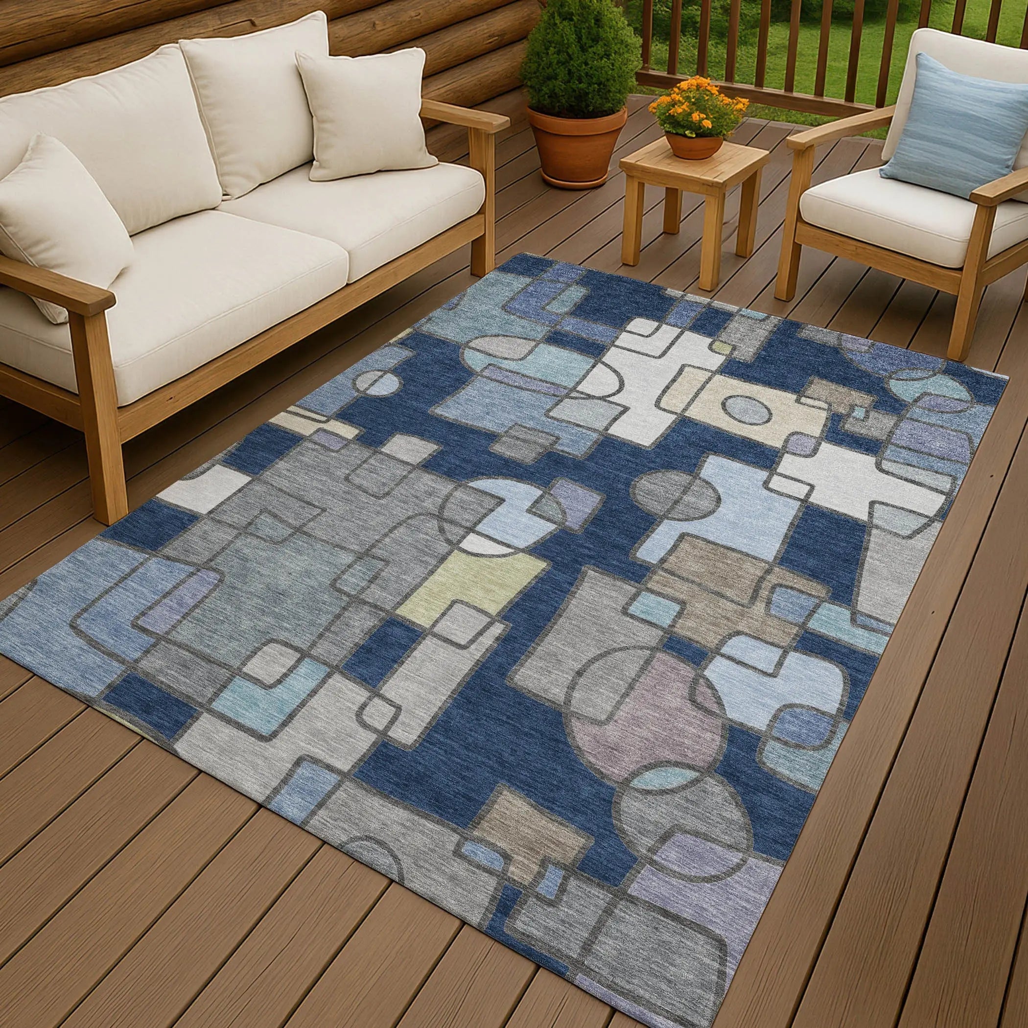 3' X 5' Navy Blue And Sky Blue Geometric Washable Indoor Outdoor Area Rug Homeroots Outdoor