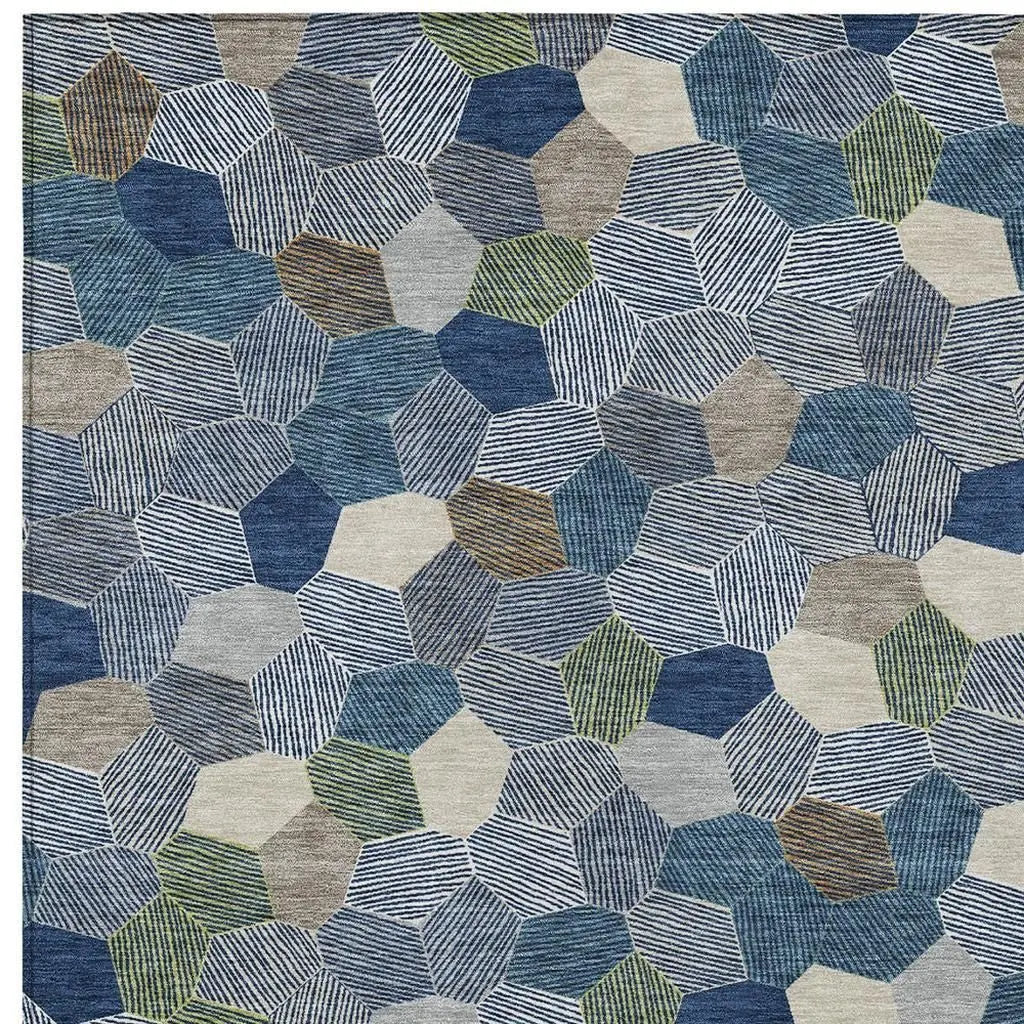 3' X 5' Navy Blue And Sky Blue Geometric Washable Indoor Outdoor Area Rug Homeroots Outdoor