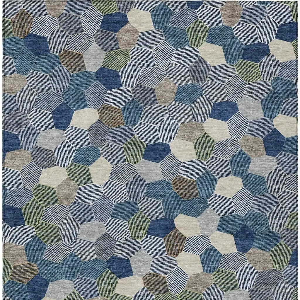 3' X 5' Navy Blue And Sky Blue Geometric Washable Indoor Outdoor Area Rug Homeroots Outdoor