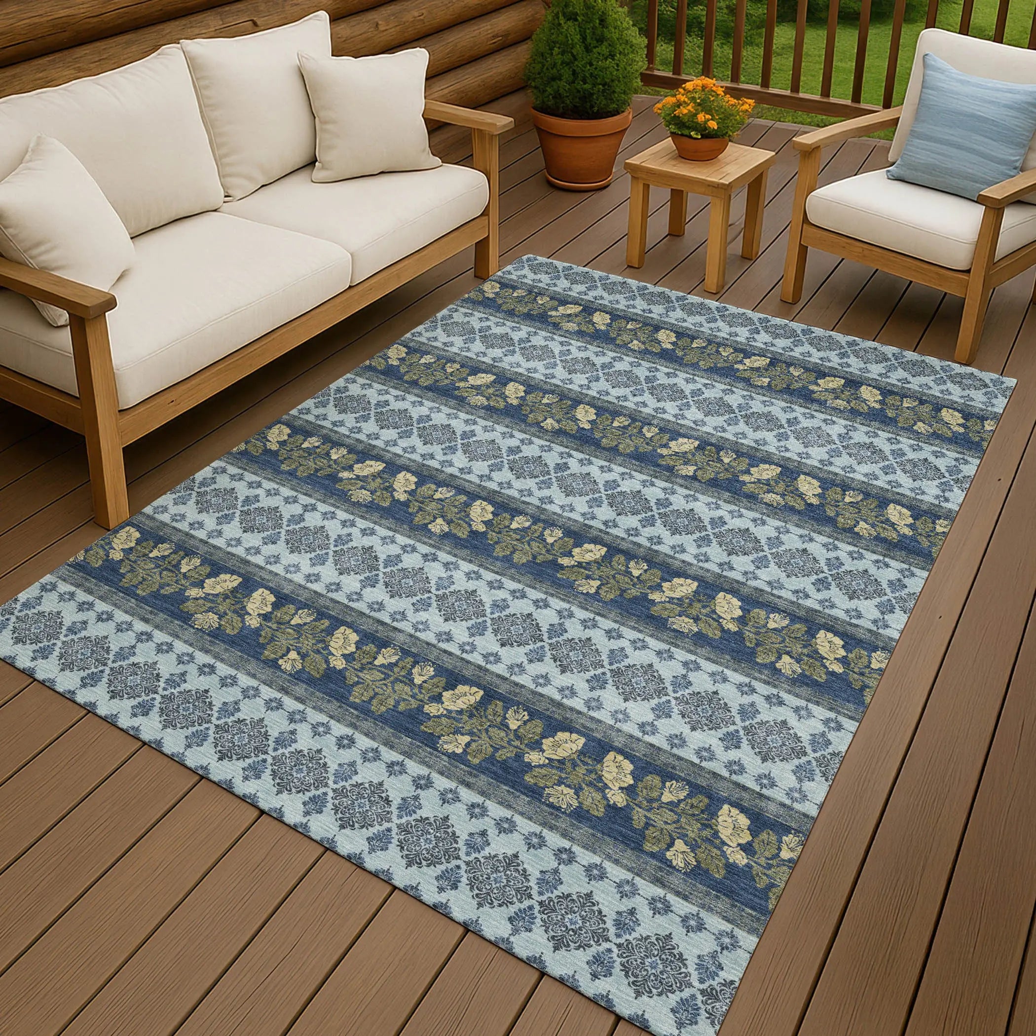 3' X 5' Navy Blue And Sky Blue Striped Washable Indoor Outdoor Area Rug Homeroots Outdoor