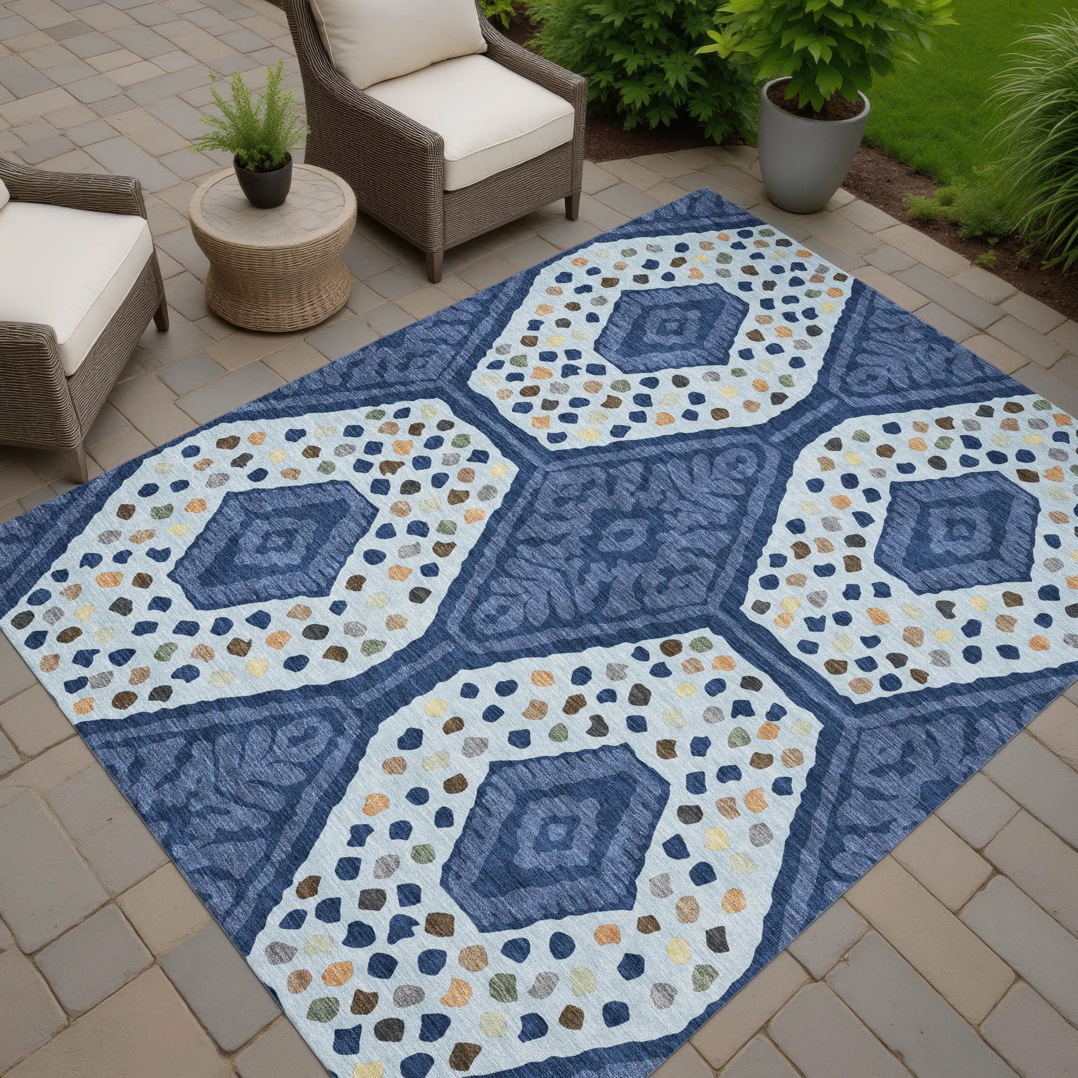 3' X 5' Navy Blue And Sky Blue Tribal Washable Indoor Outdoor Area Rug Homeroots Outdoor