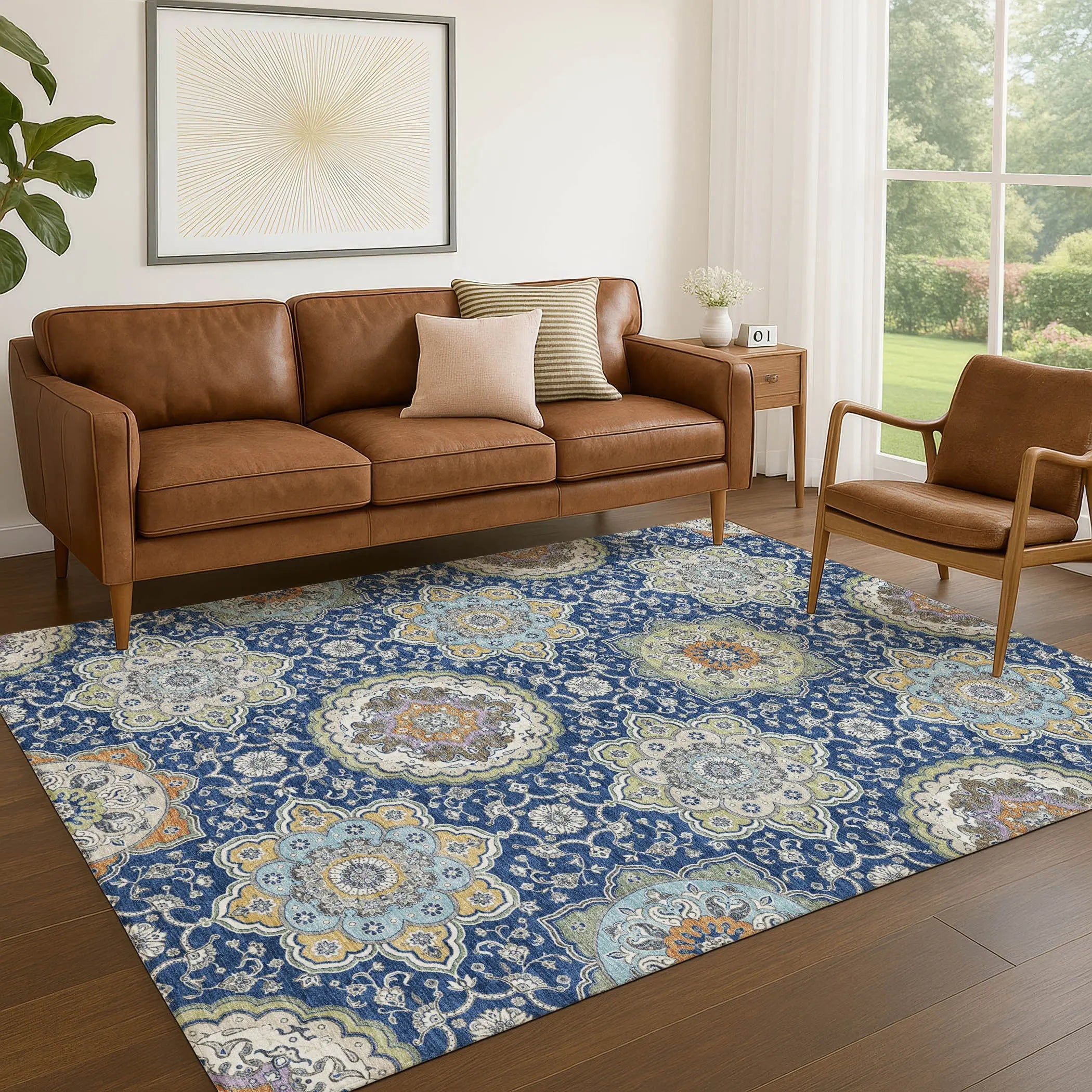 3' X 5' Navy Blue And Taupe Floral Medallion Washable Indoor Outdoor Area Rug Homeroots Outdoor