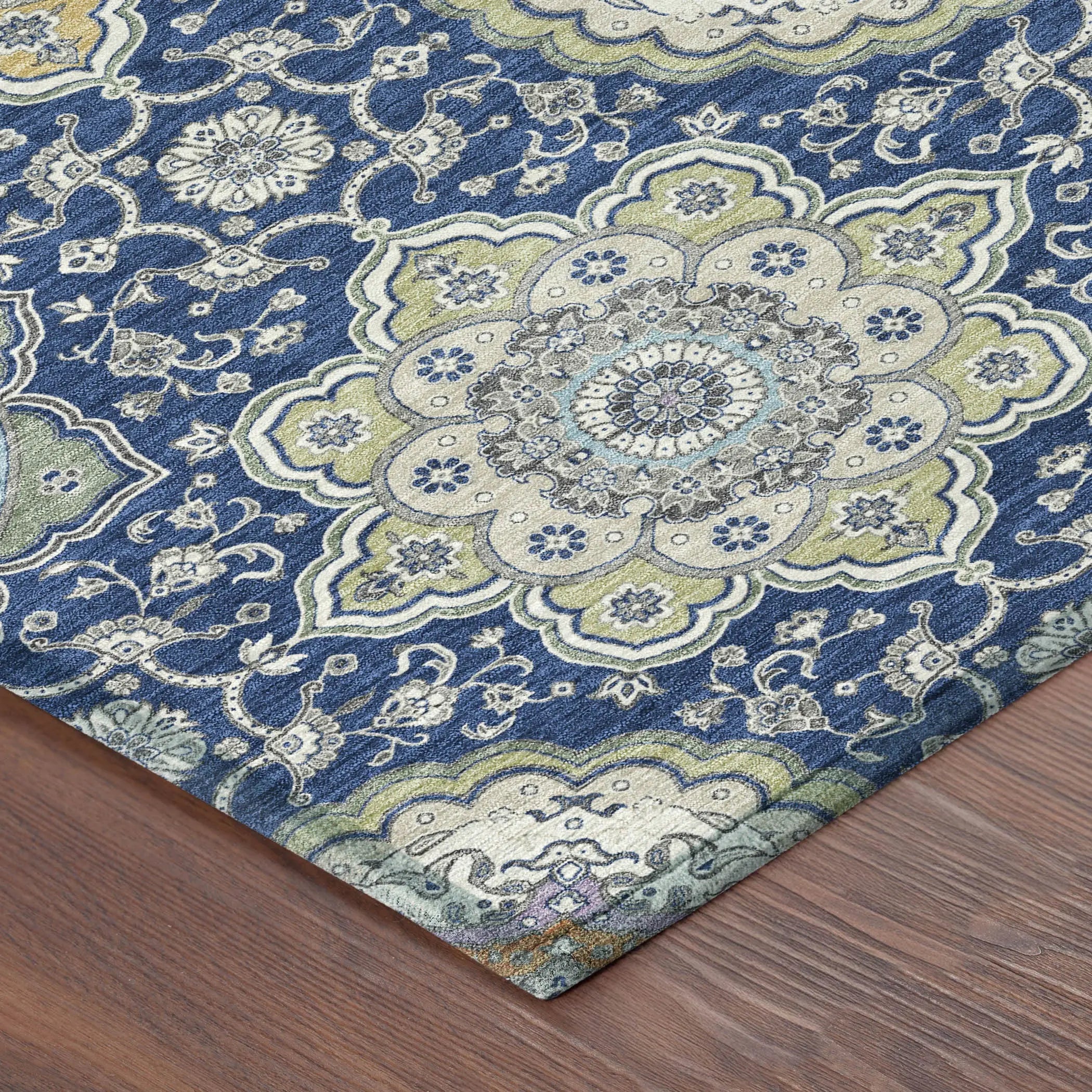 3' X 5' Navy Blue And Taupe Floral Medallion Washable Indoor Outdoor Area Rug Homeroots Outdoor
