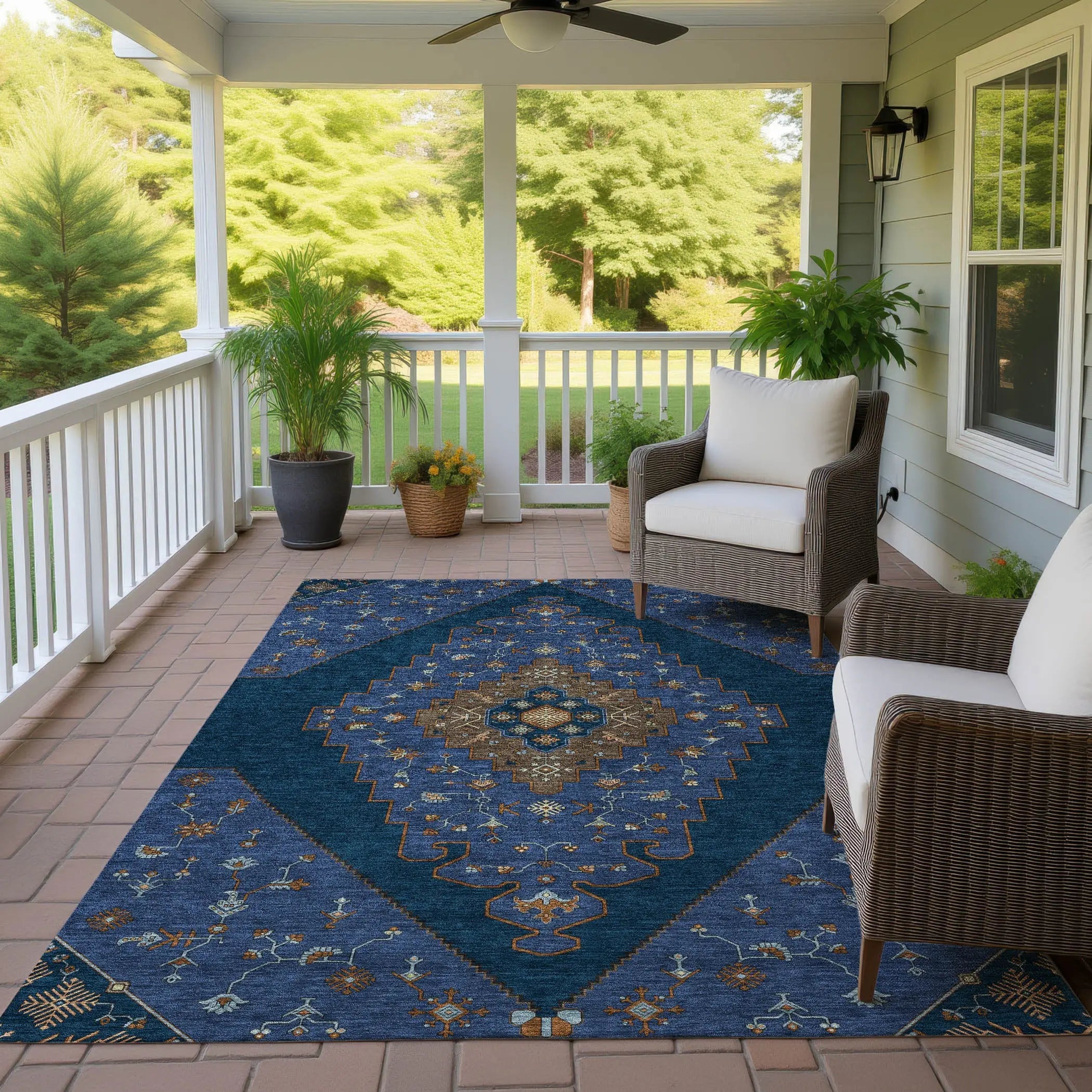 3' X 5' Navy Blue And Teal Blue Geometric Washable Indoor Outdoor Area Rug Homeroots Outdoor