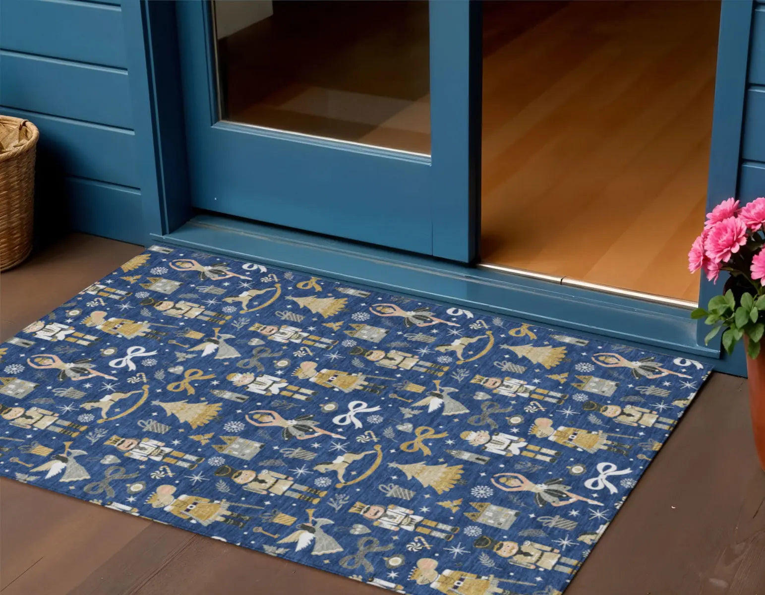 3' X 5' Navy Blue Gold Black And Gray Village House Washable Indoor Outdoor Area Rug Homeroots Outdoor