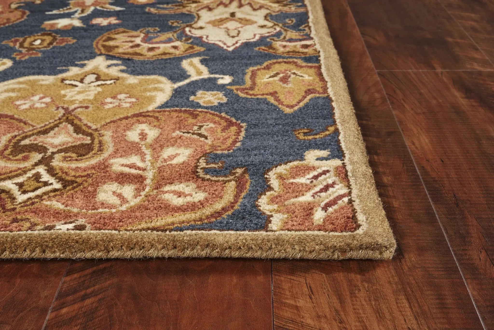 3' X 5' Navy Blue Orange And Brown New Zealand Lambs Wool Medallion Hand Tufted Area Rug Homeroots Home Decor