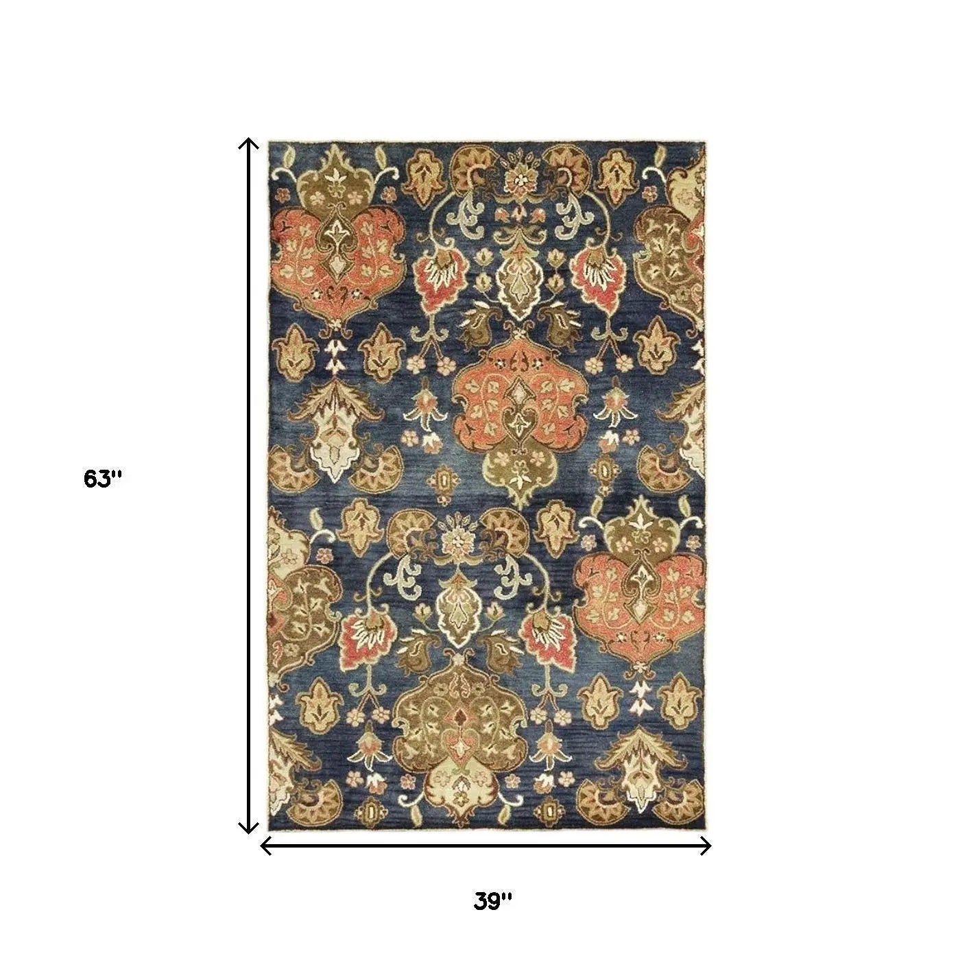 3' X 5' Navy Blue Orange And Brown New Zealand Lambs Wool Medallion Hand Tufted Area Rug Homeroots Home Decor