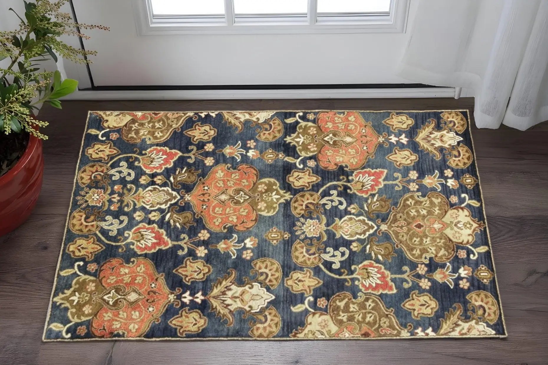 3' X 5' Navy Blue Orange And Brown New Zealand Lambs Wool Medallion Hand Tufted Area Rug Homeroots Home Decor