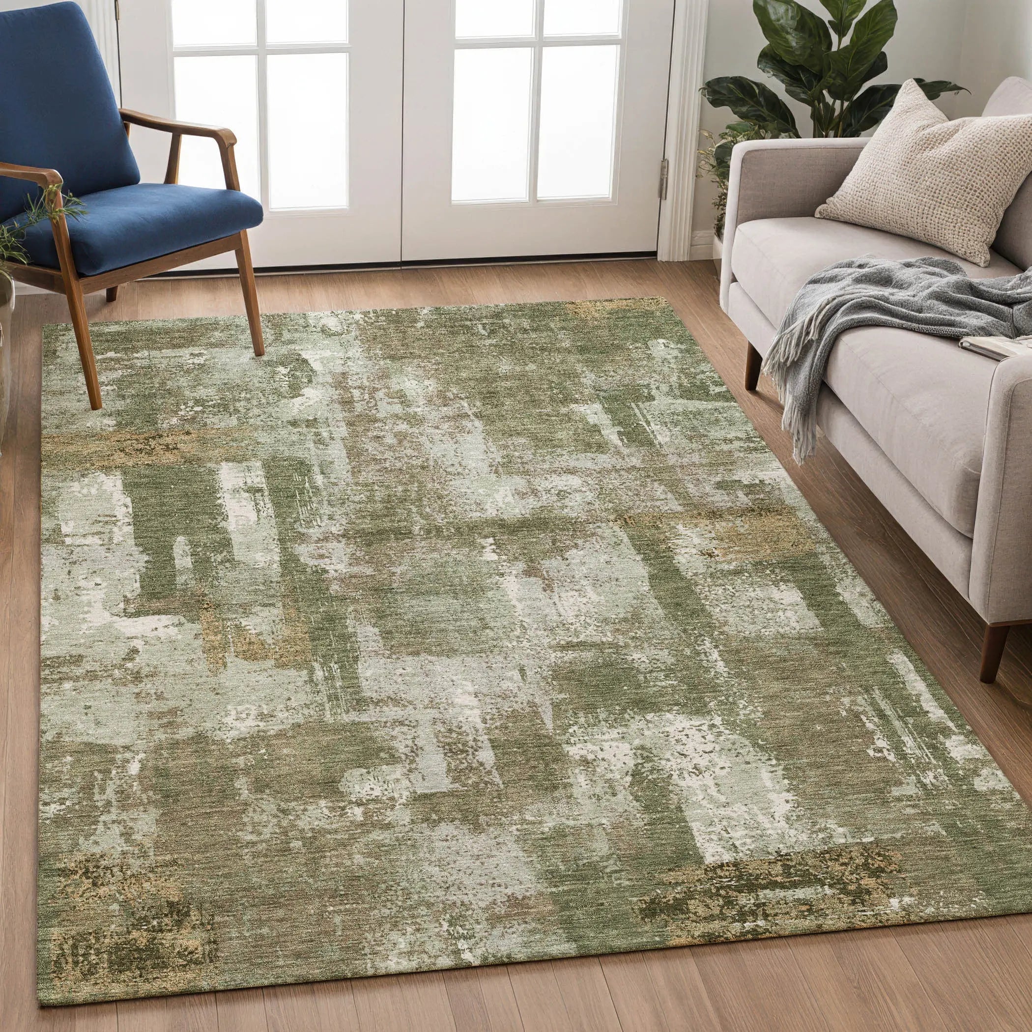 3' X 5' Olive Green And Beige Abstract Washable Indoor Outdoor Area Rug Homeroots Outdoor