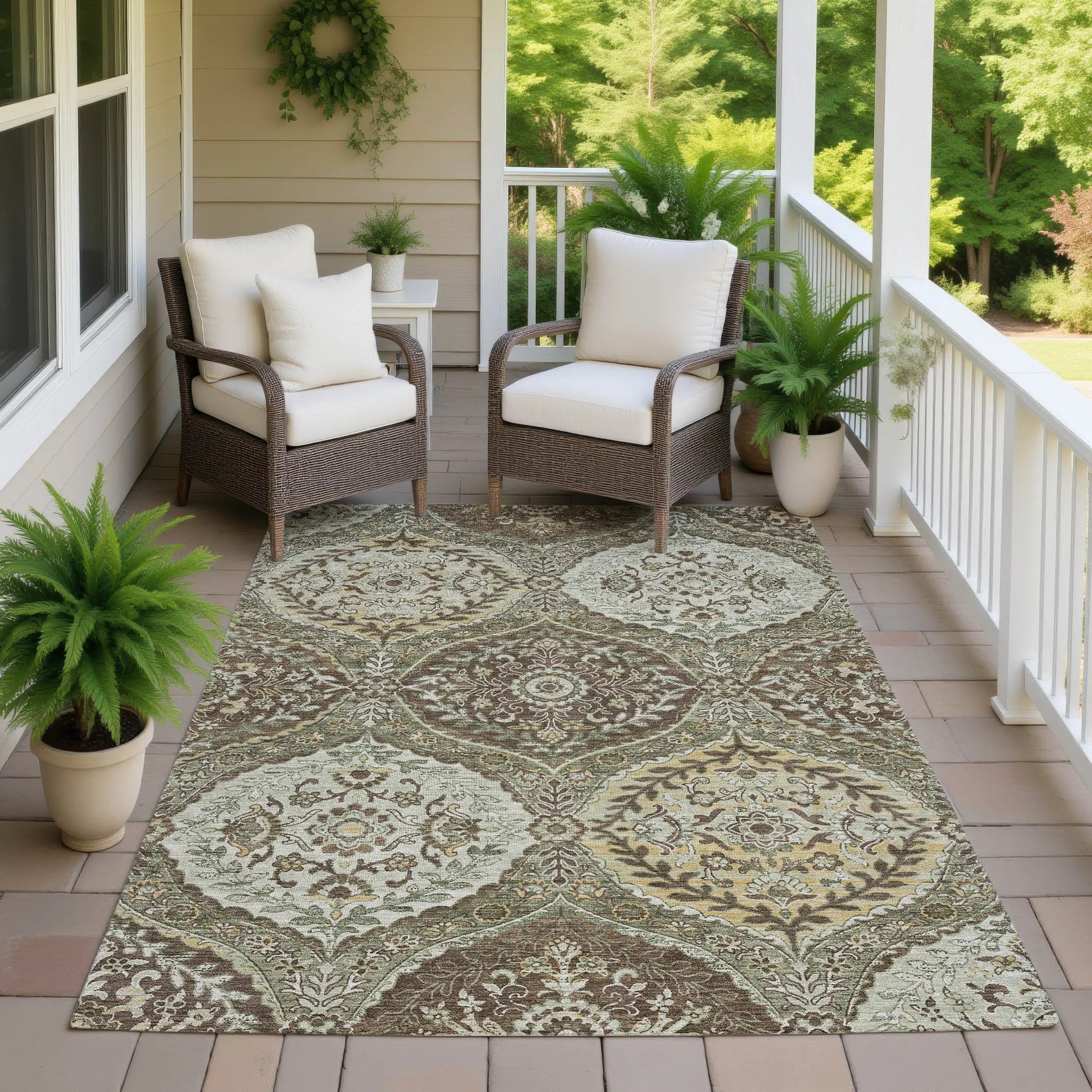 3' X 5' Olive Green And Blue Ogee Washable Indoor Outdoor Area Rug Homeroots Outdoor