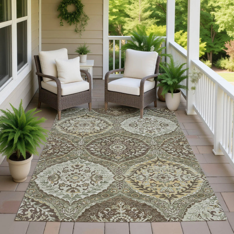3' X 5' Olive Green And Blue Ogee Washable Indoor Outdoor Area Rug Homeroots Outdoor