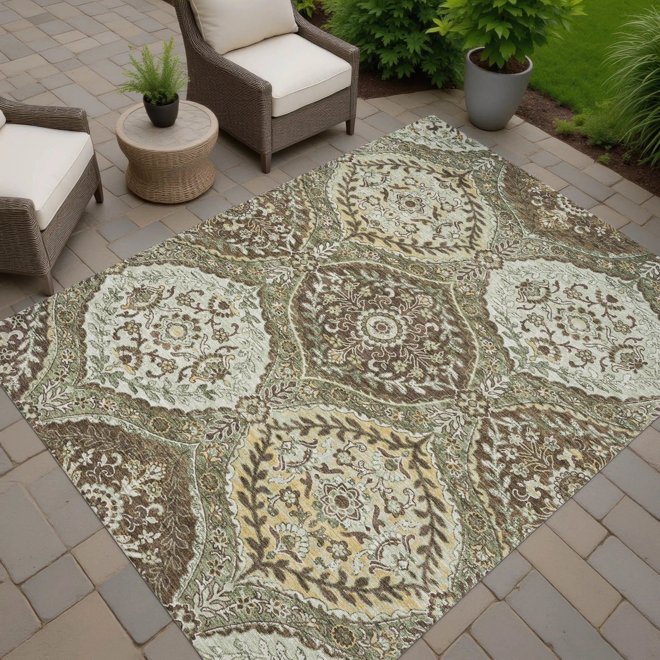 3' X 5' Olive Green And Blue Ogee Washable Indoor Outdoor Area Rug Homeroots Outdoor