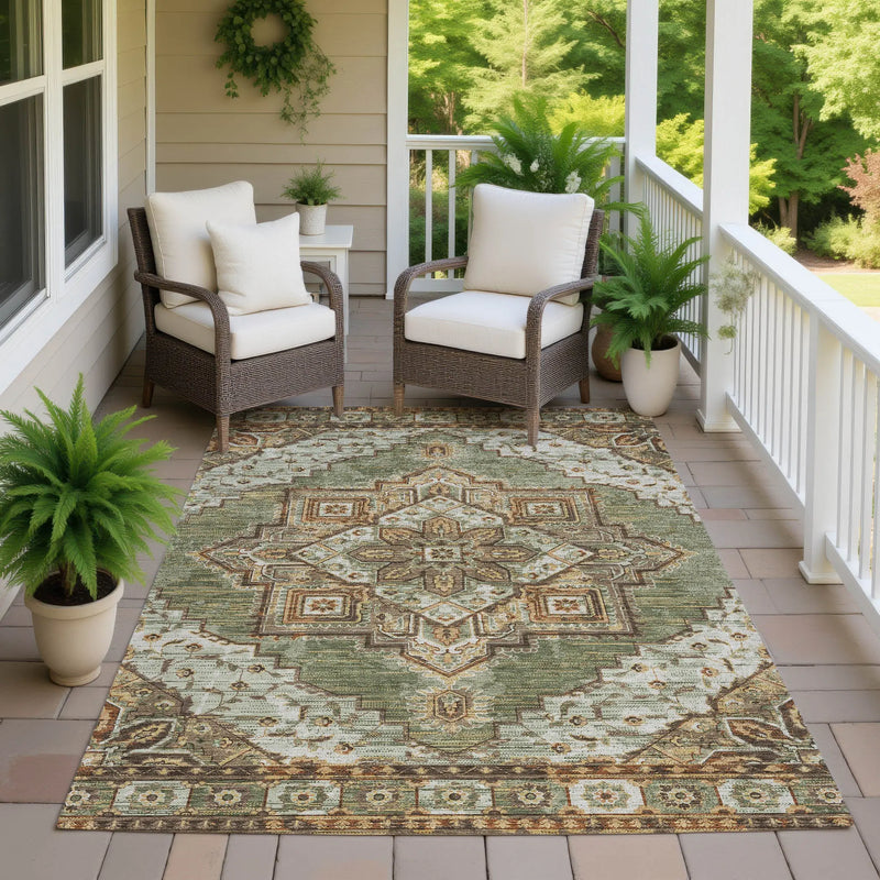 3' X 5' Olive Green And Blue Oriental Washable Indoor Outdoor Area Rug Homeroots Outdoor