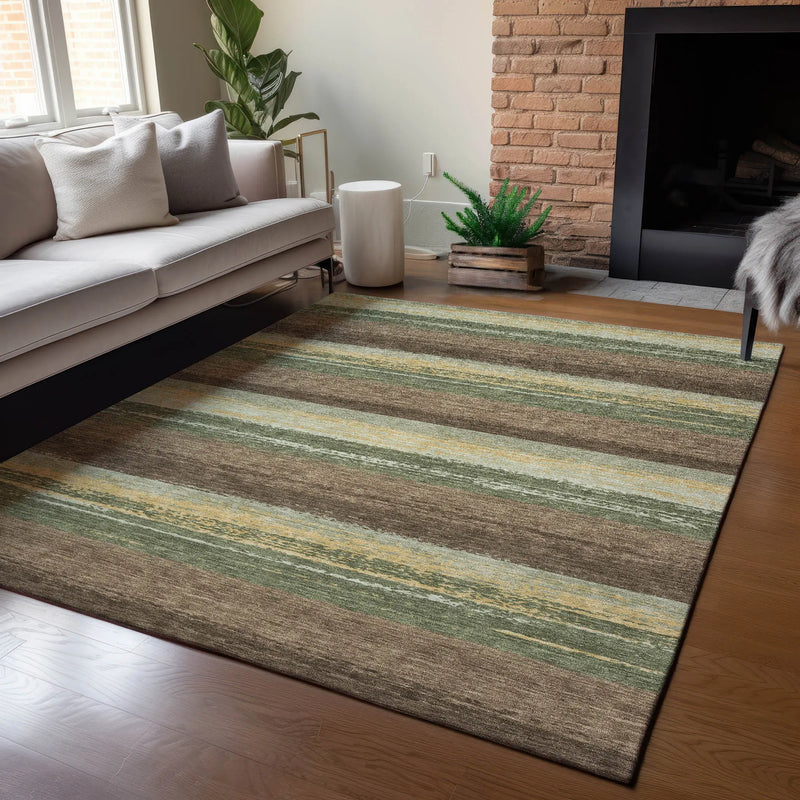 3' X 5' Olive Green And Blue Striped Washable Indoor Outdoor Area Rug Homeroots Outdoor