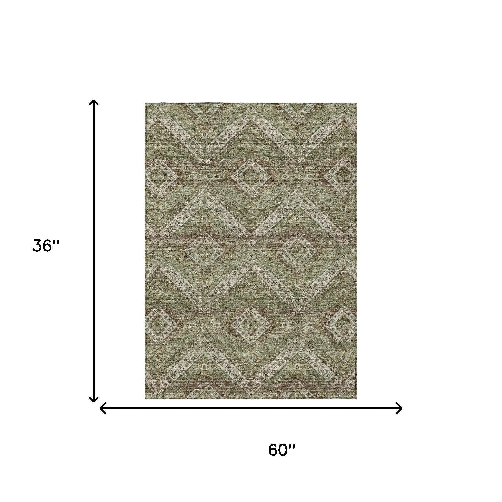 3' X 5' Olive Green And Blue Tribal Washable Indoor Outdoor Area Rug Homeroots Outdoor
