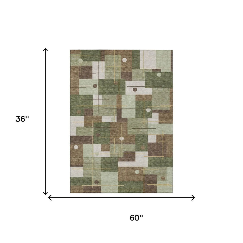 3' X 5' Olive Green And Brown Geometric Washable Indoor Outdoor Area Rug Homeroots Outdoor