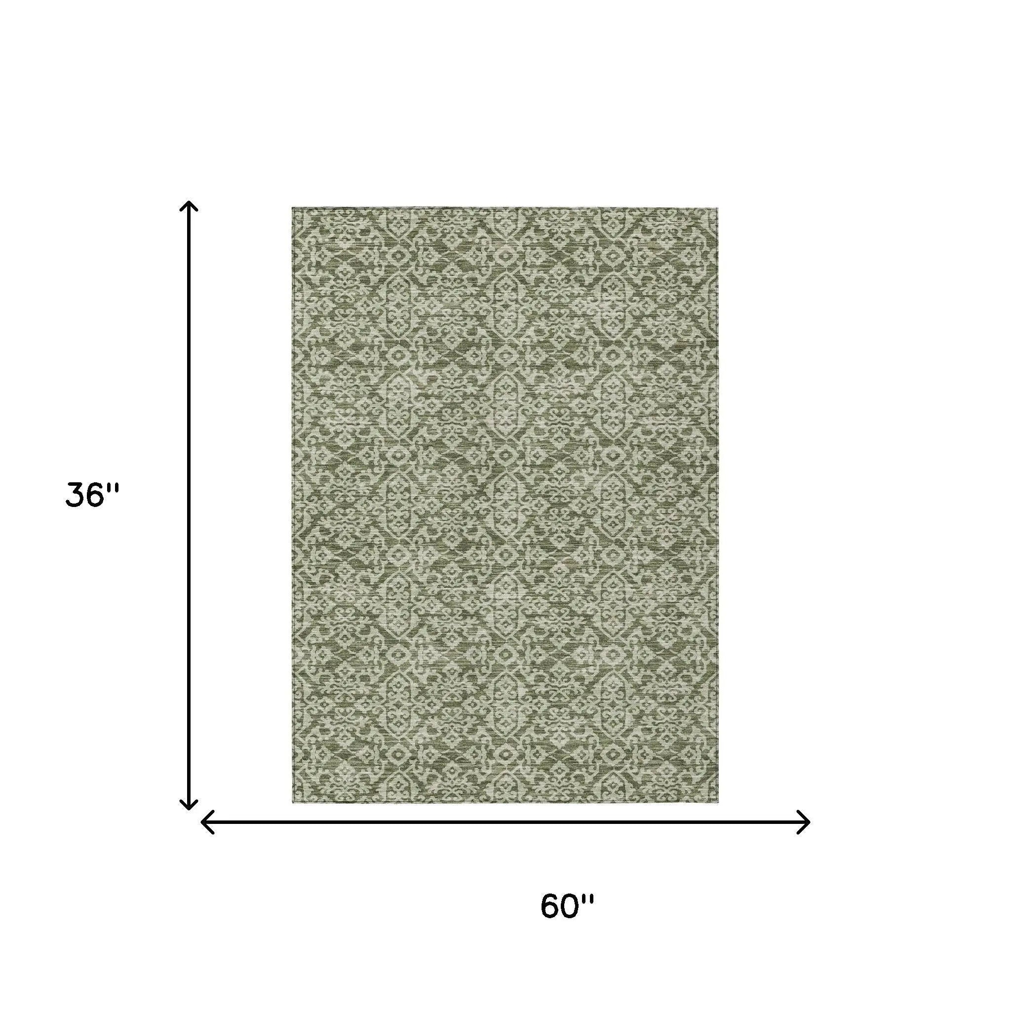 3' X 5' Olive Green And Brown Oriental Washable Indoor Outdoor Area Rug Homeroots Outdoor