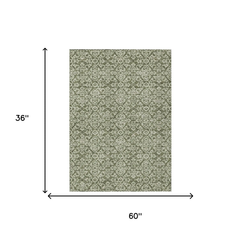 3' X 5' Olive Green And Brown Oriental Washable Indoor Outdoor Area Rug Homeroots Outdoor