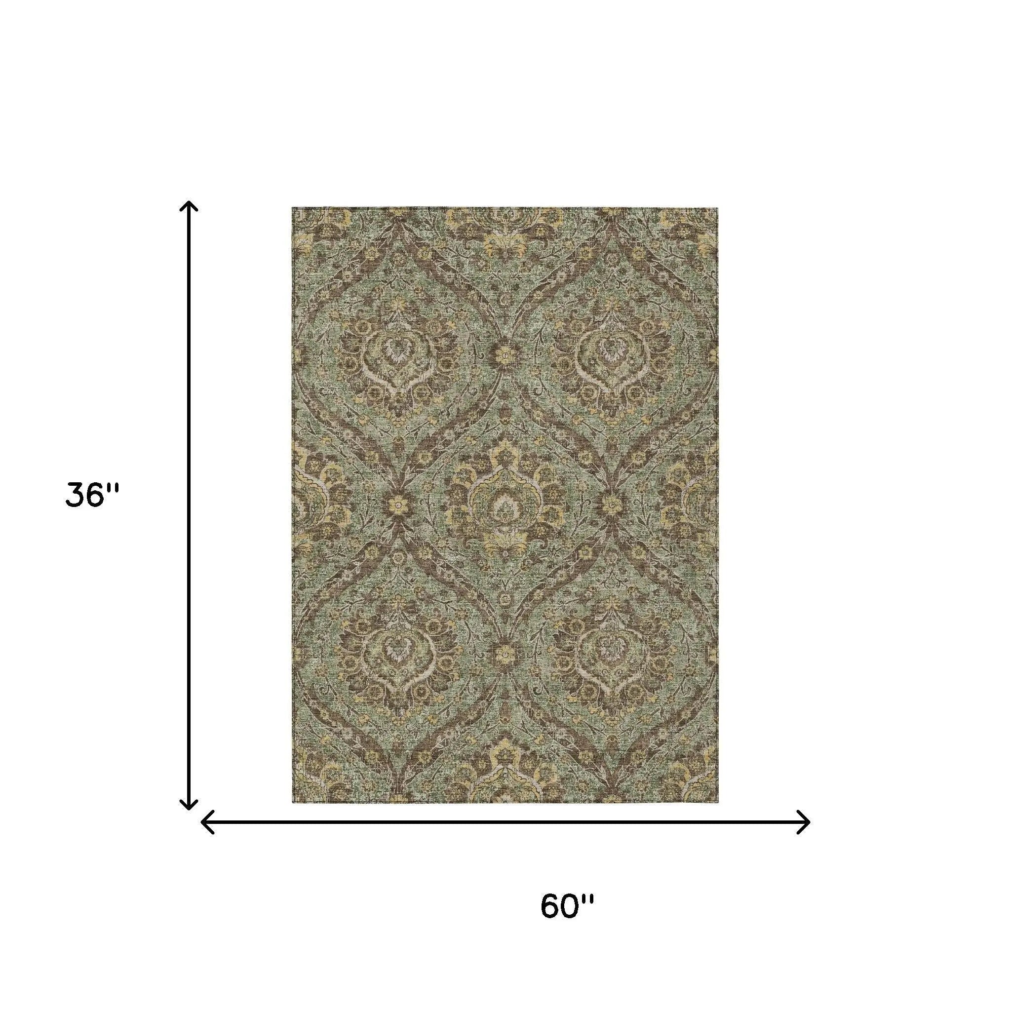 3' X 5' Olive Green And Granite Gray Floral Washable Indoor Outdoor Area Rug Homeroots Outdoor