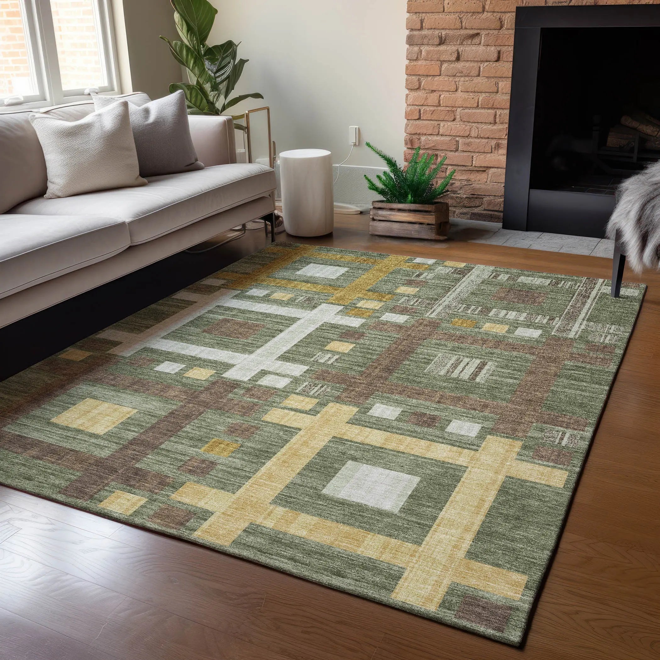 3' X 5' Olive Green And Gray Geometric Washable Indoor Outdoor Area Rug Homeroots Outdoor
