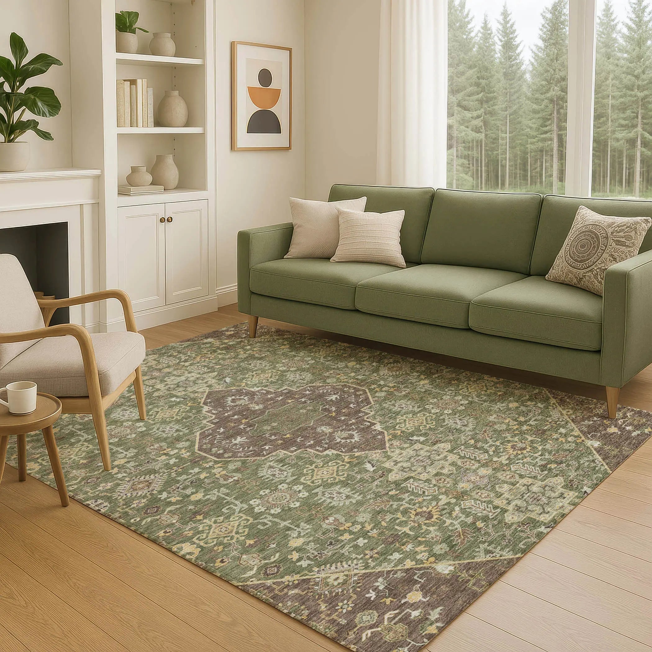 3' X 5' Olive Green And Gray Medallion Washable Indoor Outdoor Area Rug Homeroots Outdoor