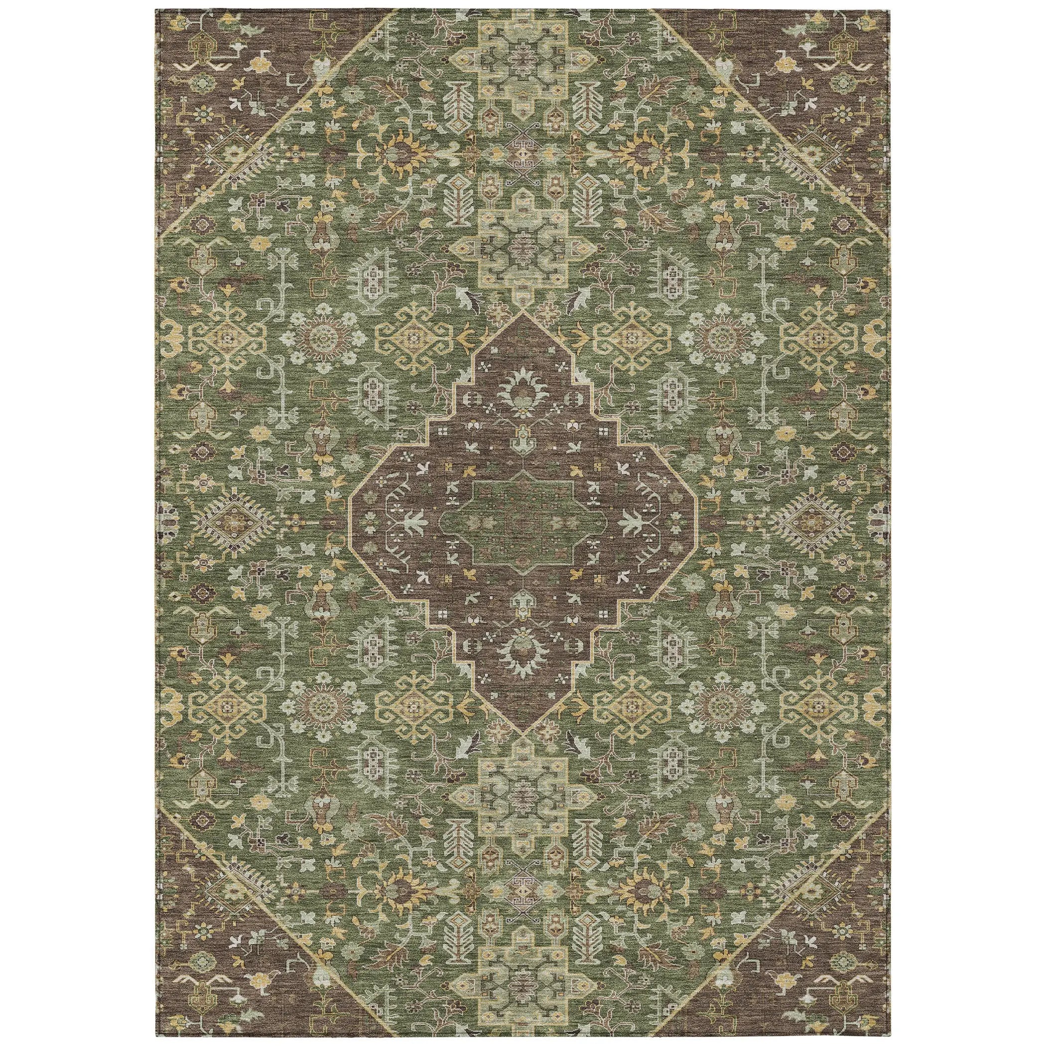 3' X 5' Olive Green And Gray Medallion Washable Indoor Outdoor Area Rug Homeroots Outdoor