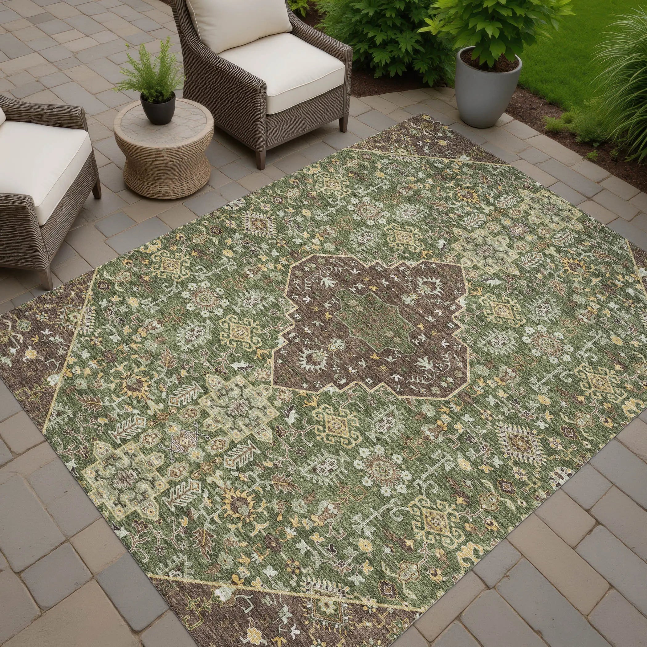 3' X 5' Olive Green And Gray Medallion Washable Indoor Outdoor Area Rug Homeroots Outdoor