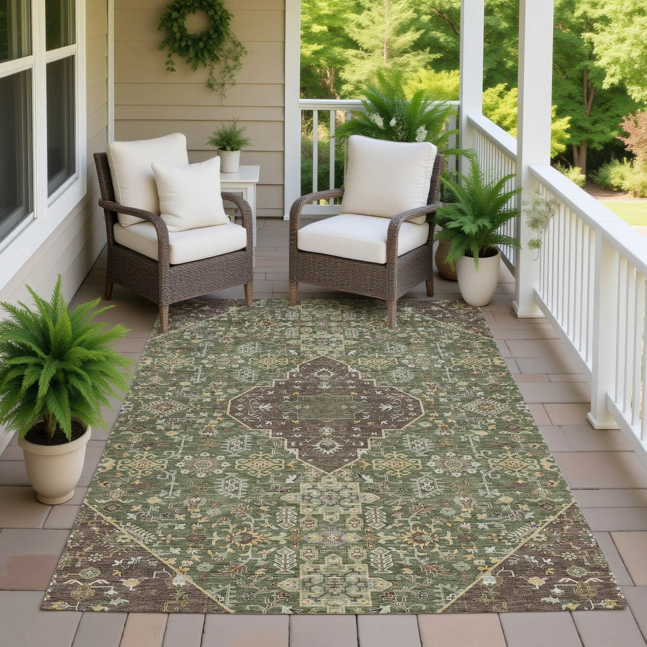 3' X 5' Olive Green And Gray Medallion Washable Indoor Outdoor Area Rug Homeroots Outdoor