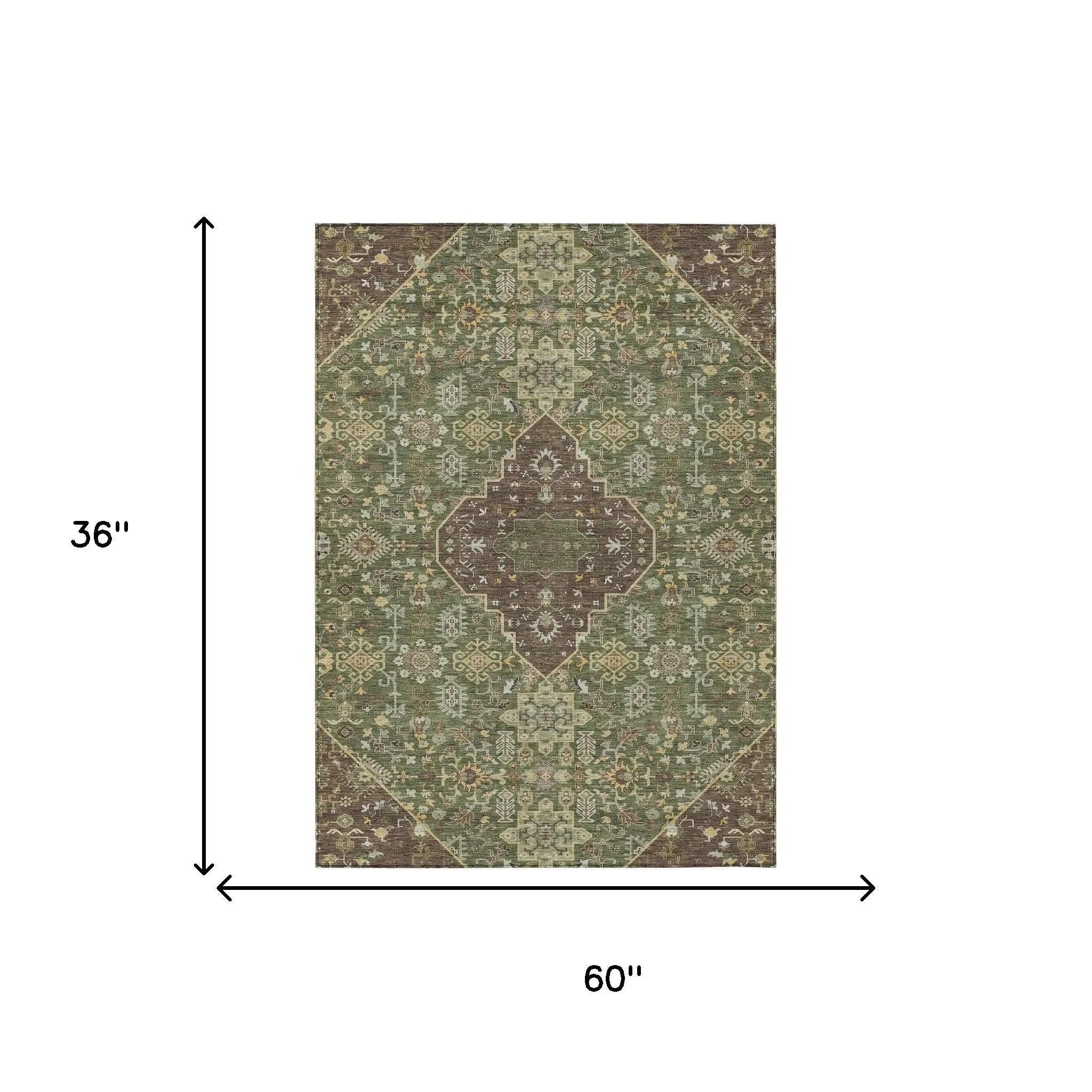 3' X 5' Olive Green And Gray Medallion Washable Indoor Outdoor Area Rug Homeroots Outdoor