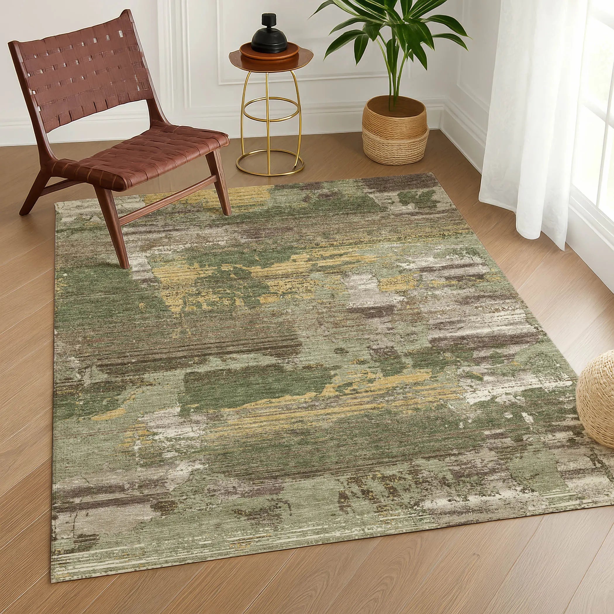 3' X 5' Olive Green And Green Abstract Washable Indoor Outdoor Area Rug Homeroots Outdoor