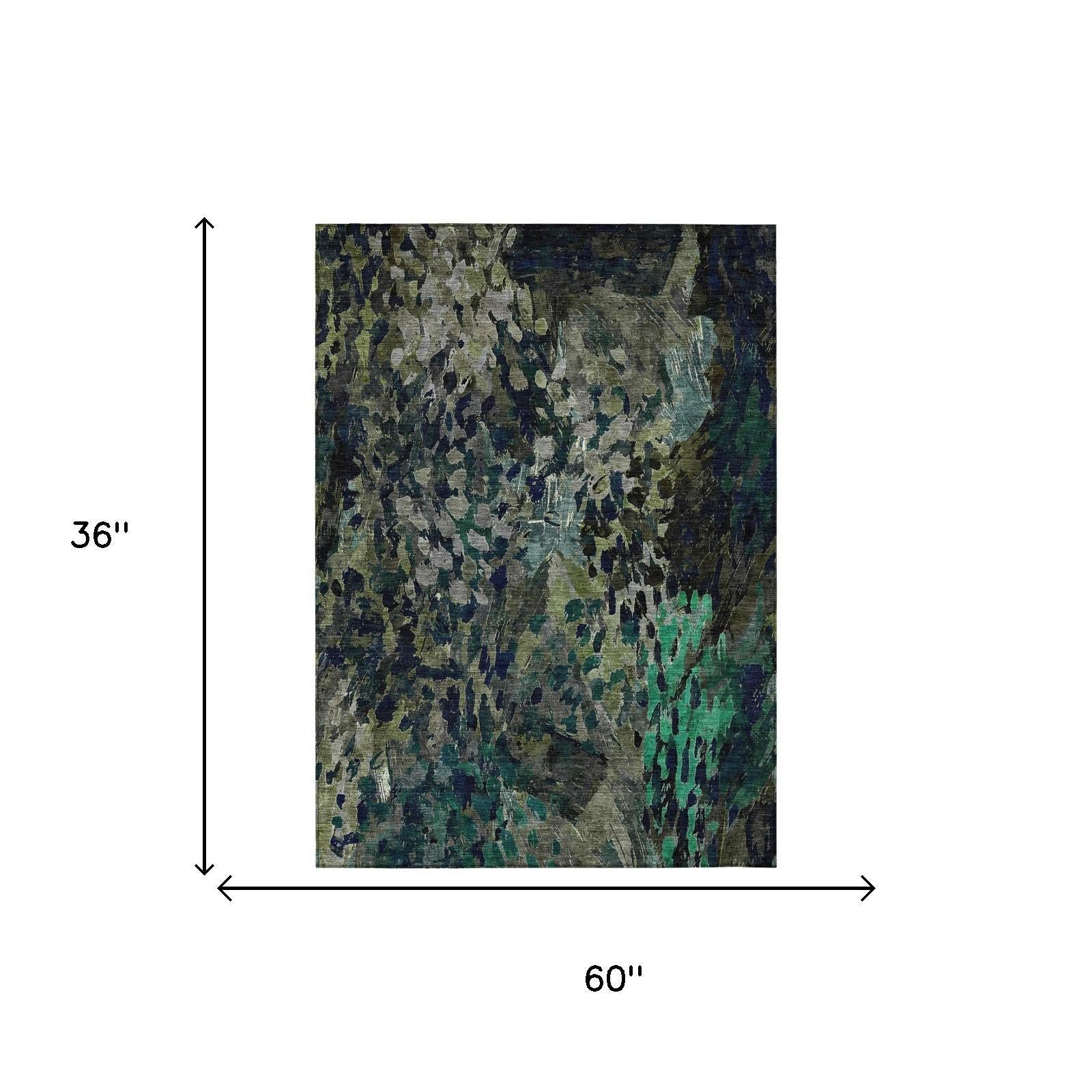 3' X 5' Olive Green And Green Abstract Washable Indoor Outdoor Area Rug Homeroots Outdoor