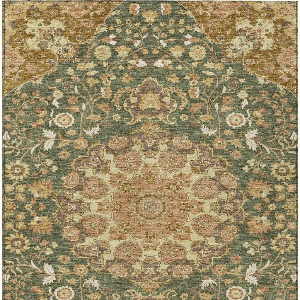 3' X 5' Olive Green And Green Damask Washable Indoor Outdoor Area Rug Homeroots Outdoor